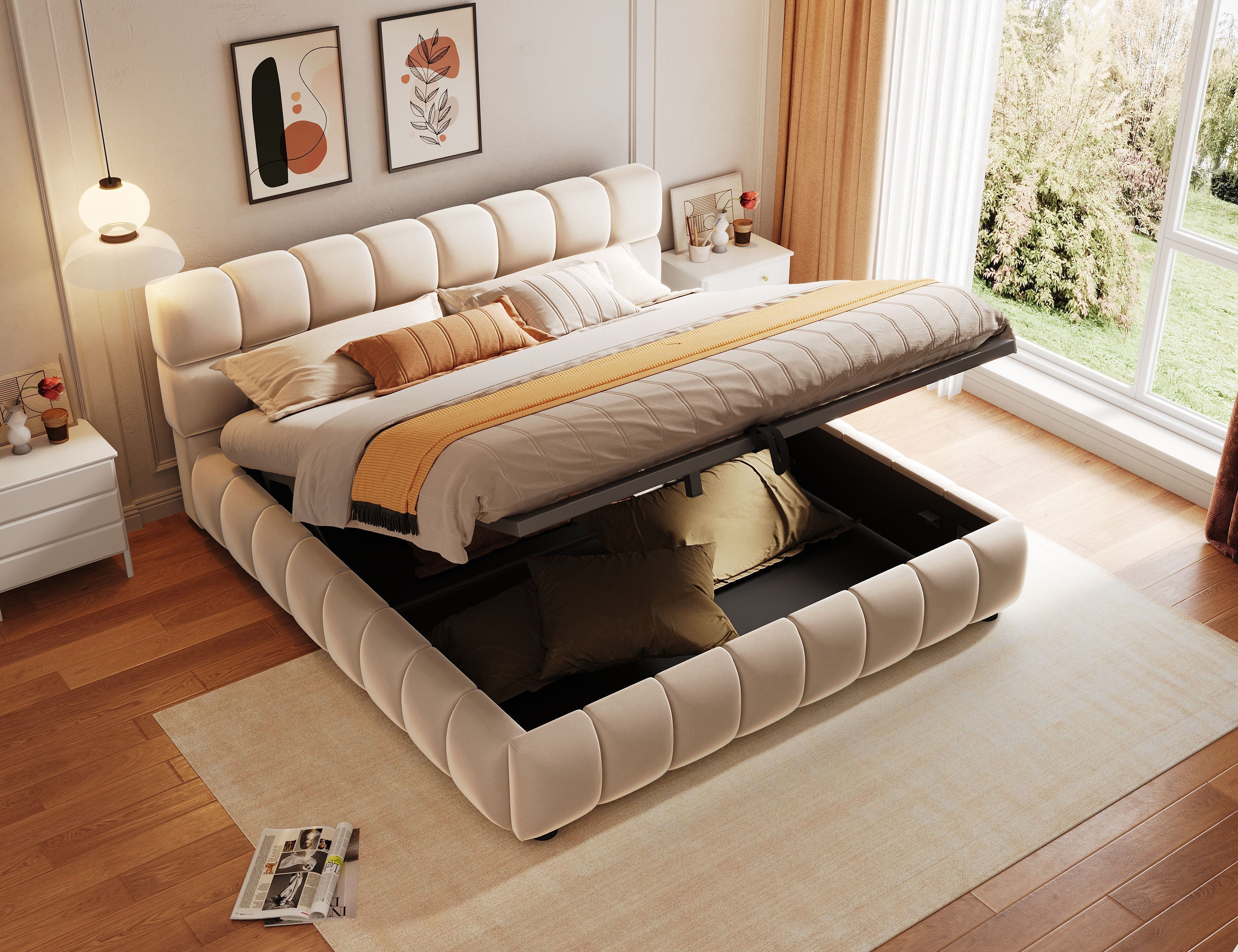 Upholstered Bed 140x200cm Hydraulic Storage, Velvet Beige