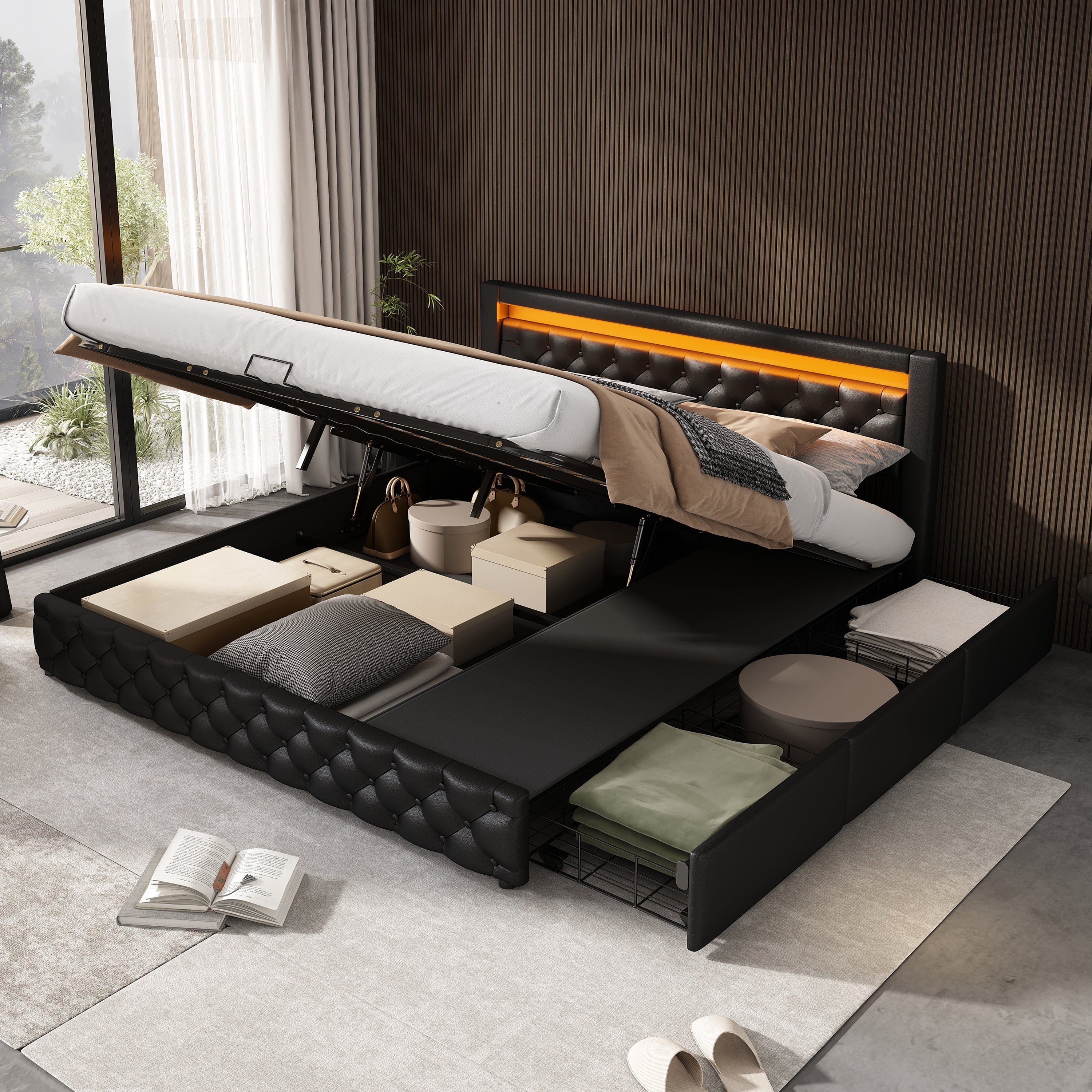 Upholstered Bed 180x200cm, Double Storage Bed with Drawers and LED Light Strip, Black PU