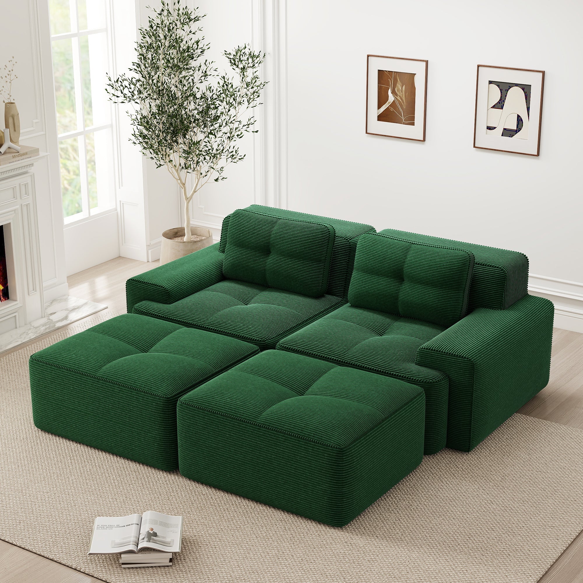 Cloud Modular Sofa U-Shape with Ottoman Deep Seat - Corduroy Green