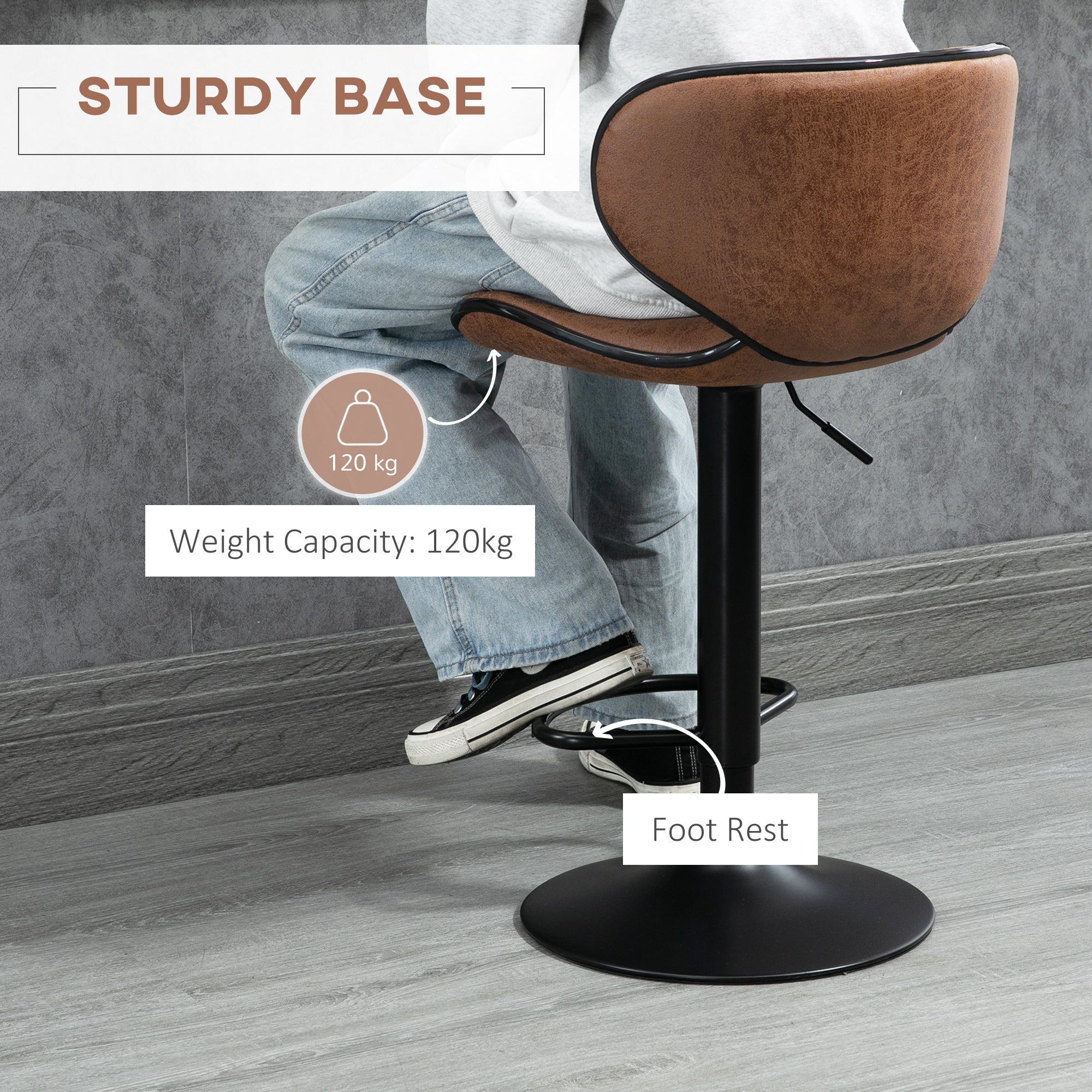 Bar Stool Set of 2, Adjustable Height Armless with Swivel Seat, Microfiber Cloth, Brown