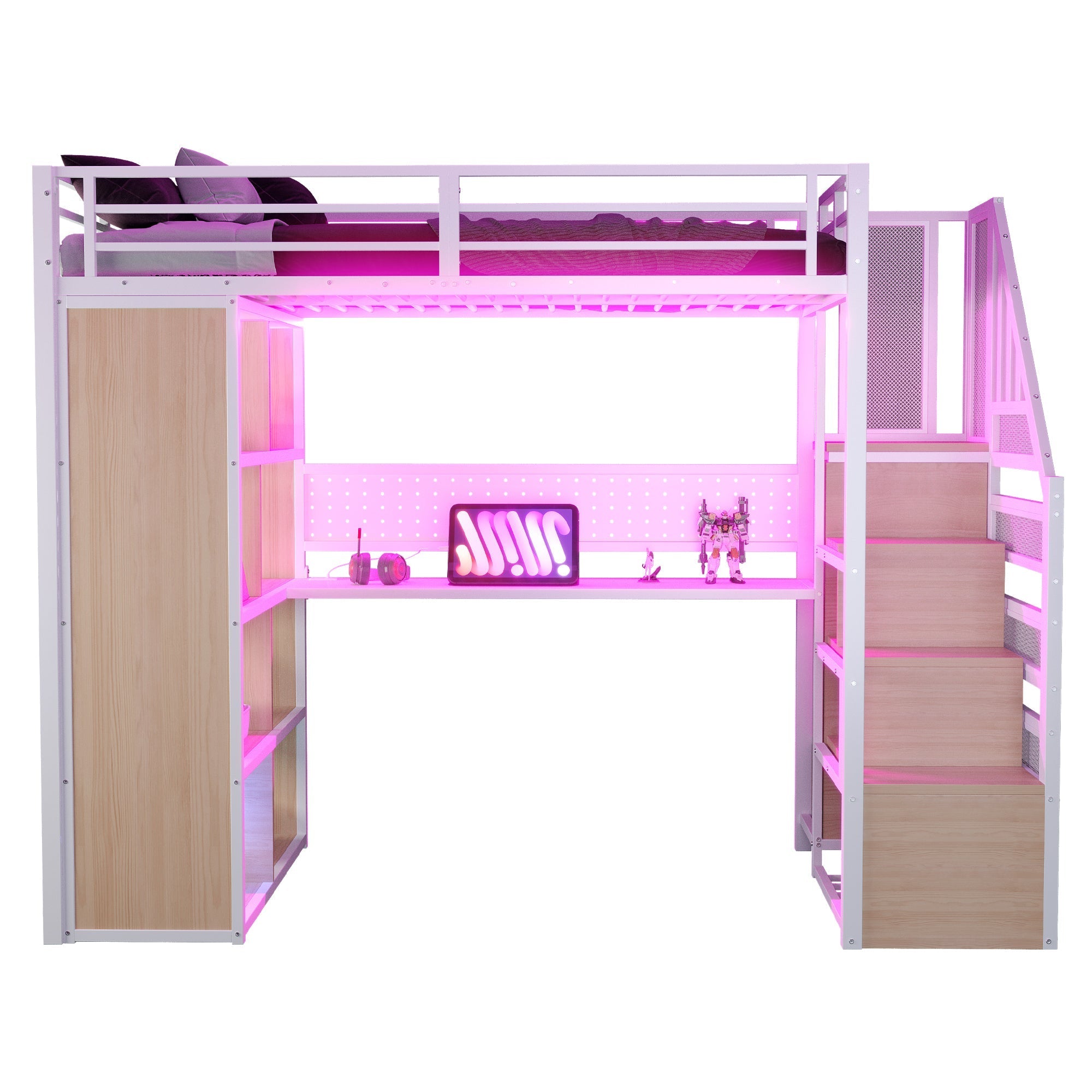 Metal Loft Bed with Desk, Wardrobe and LED Lighting, 90 x 200 cm, White