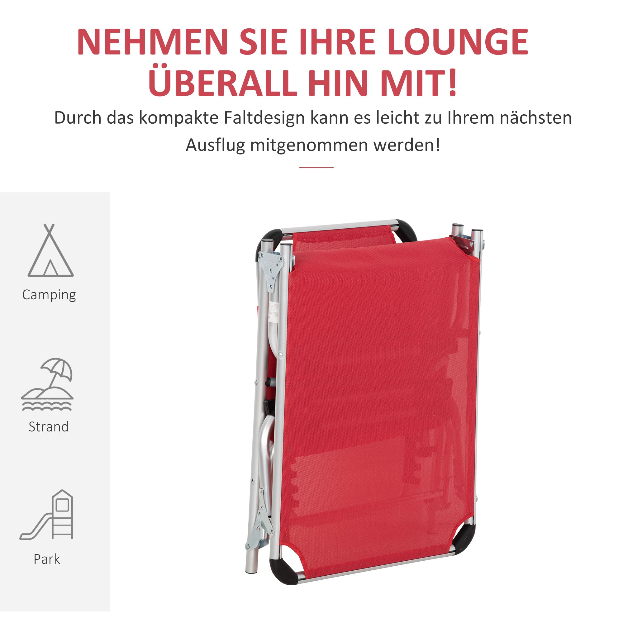 Sun Lounger, 5-Position Adjustable Foldable Ergonomic, Red Mesh Fabric