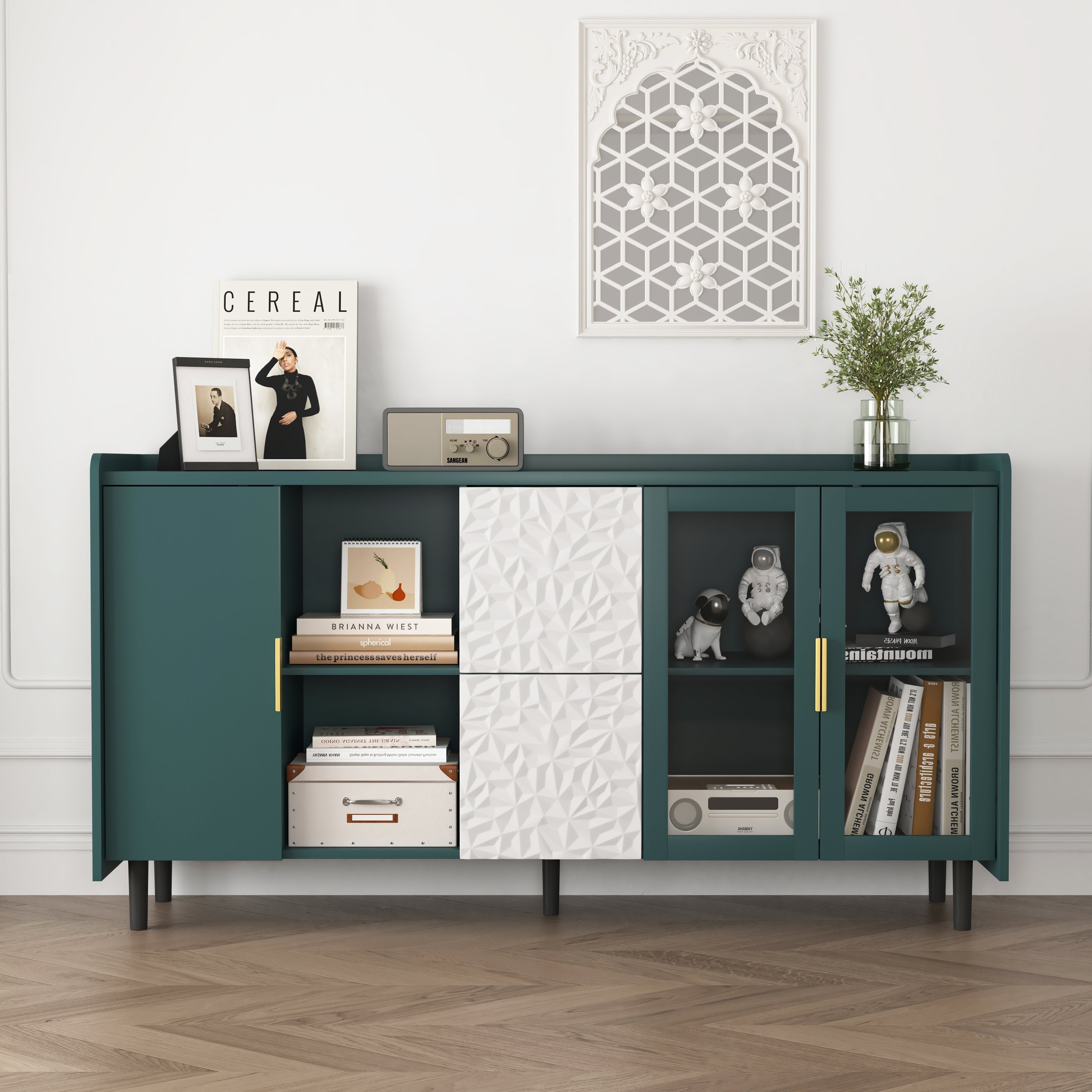 Modern Pantry Cabinet 55-inch with 2 Drawers 2 Glass Doors & Shelves - Green