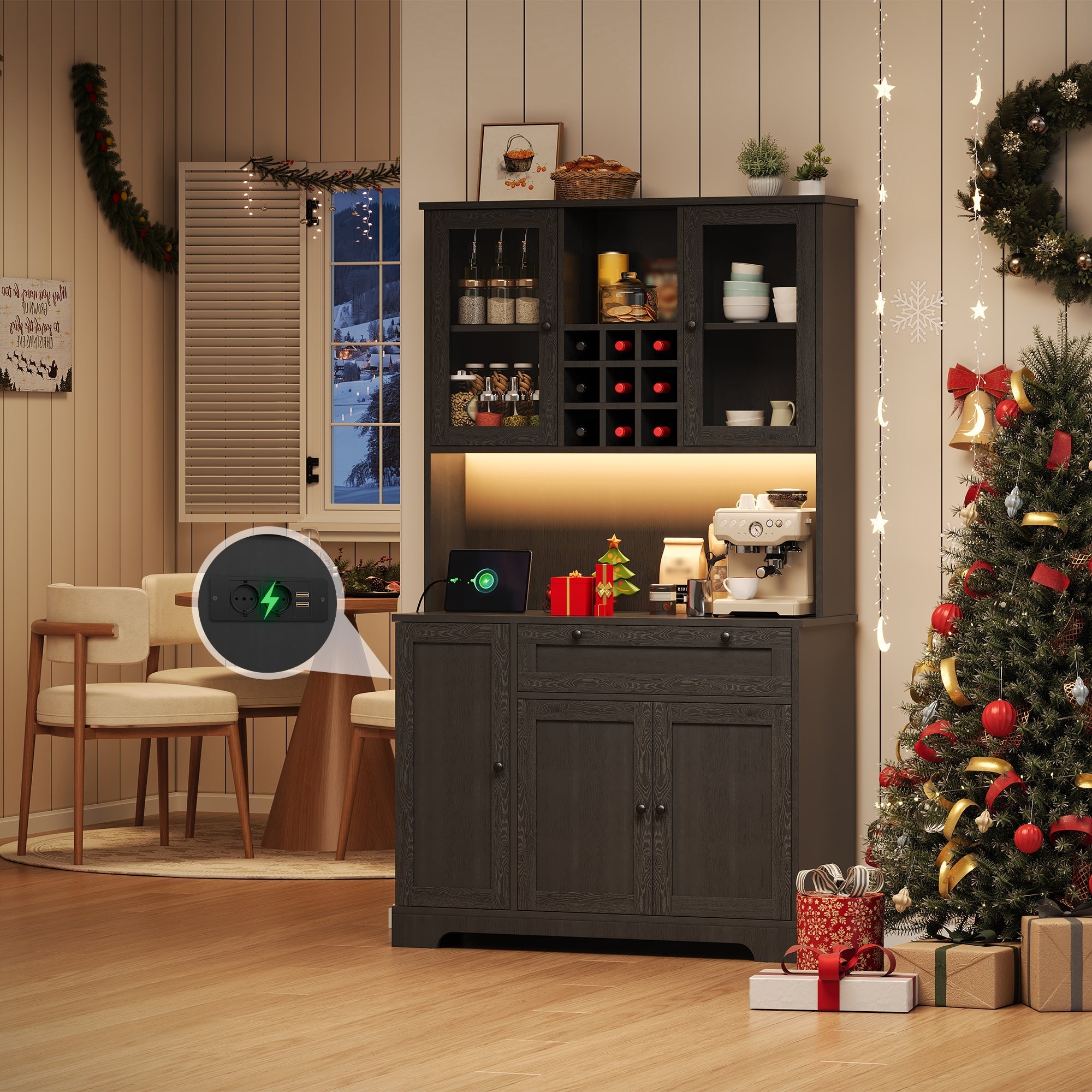 Kitchen Cabinet with LED Lighting, Power Outlet and Spice Rack, 180 x 105 x 40 cm