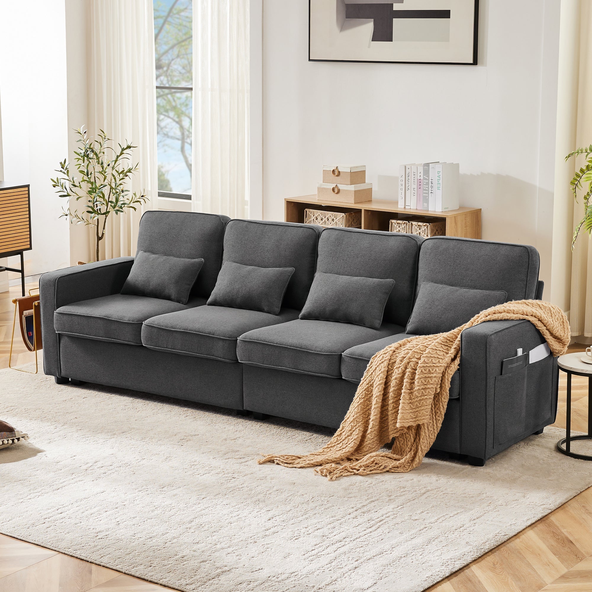 Modern 4-Seater Sofa, Simple Style with Armrest Pockets and 4 Cushions, Linen Fabric