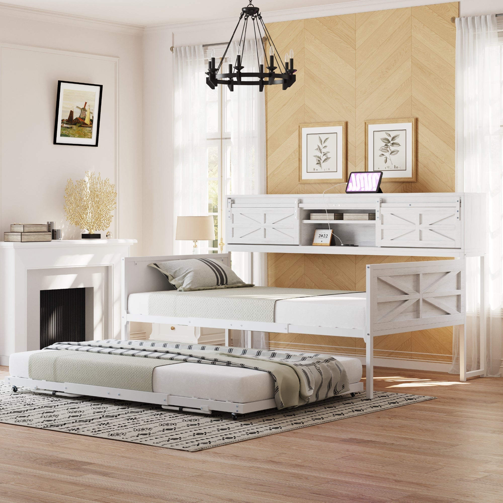 Iron Sofa Bed, 90x200cm Pull-Out with Storage & Sockets, White