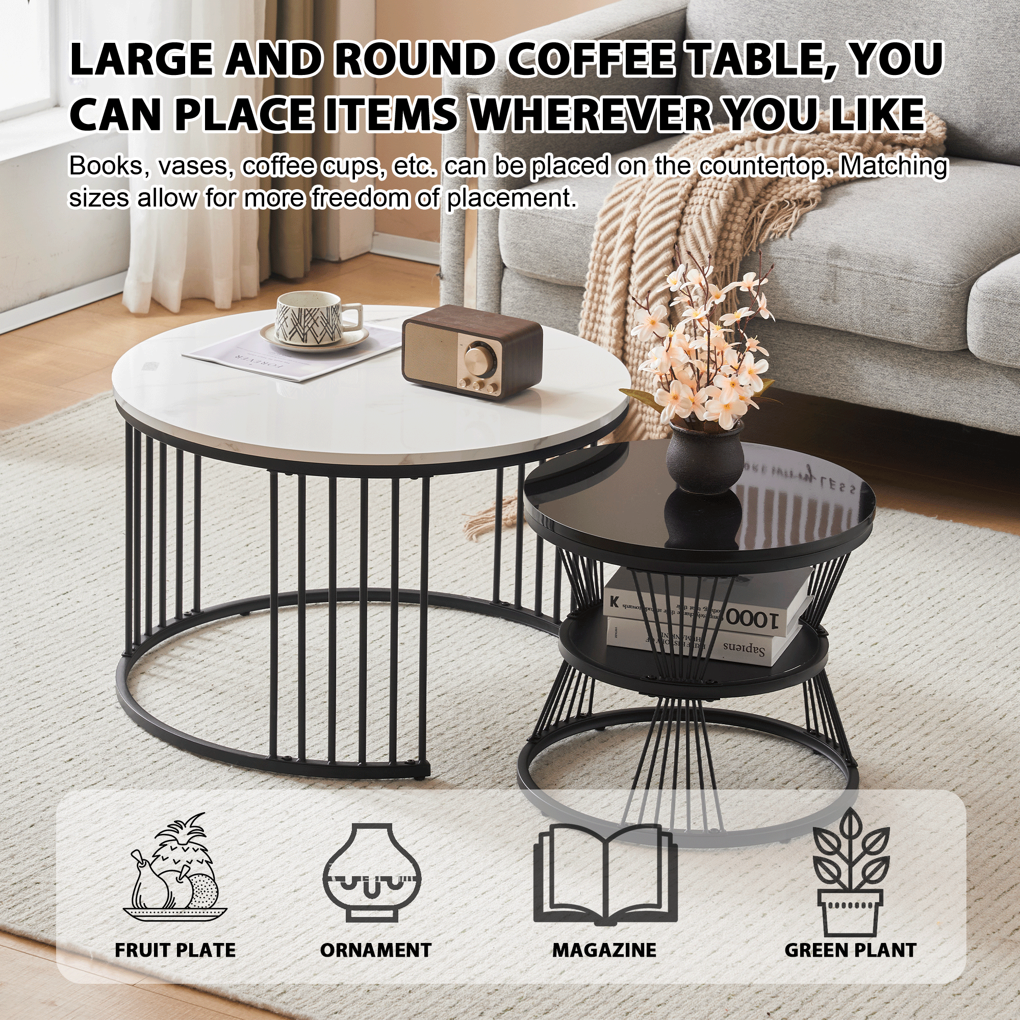 Modern Nesting Coffee Table, High Gloss Marbled, Set of 2, Black Frame