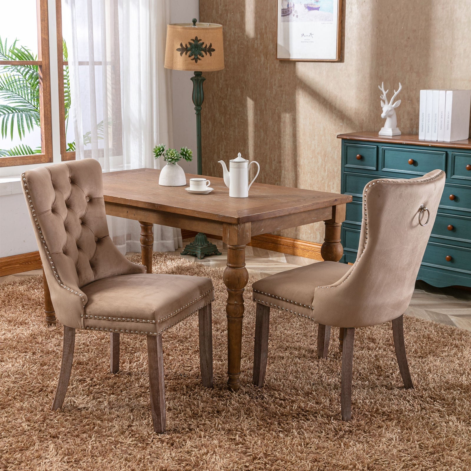 Nikki Collection Tufted Velvet Dining Chair Nailhead Trim 2-Pc Set - Khaki