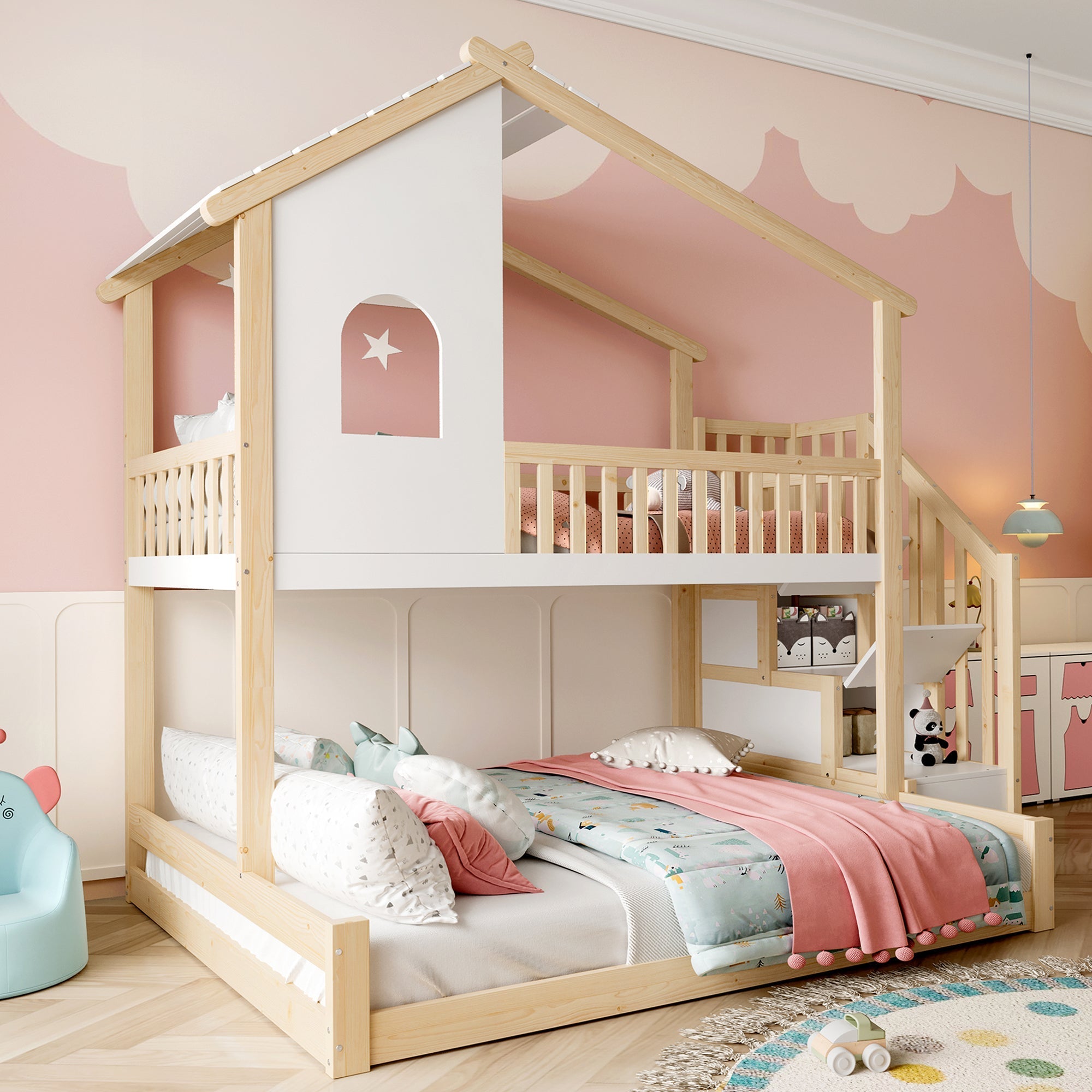 Bunk Bed with Storage Ladder and House Railing, 90x200cm and 140x200cm, Natural and White