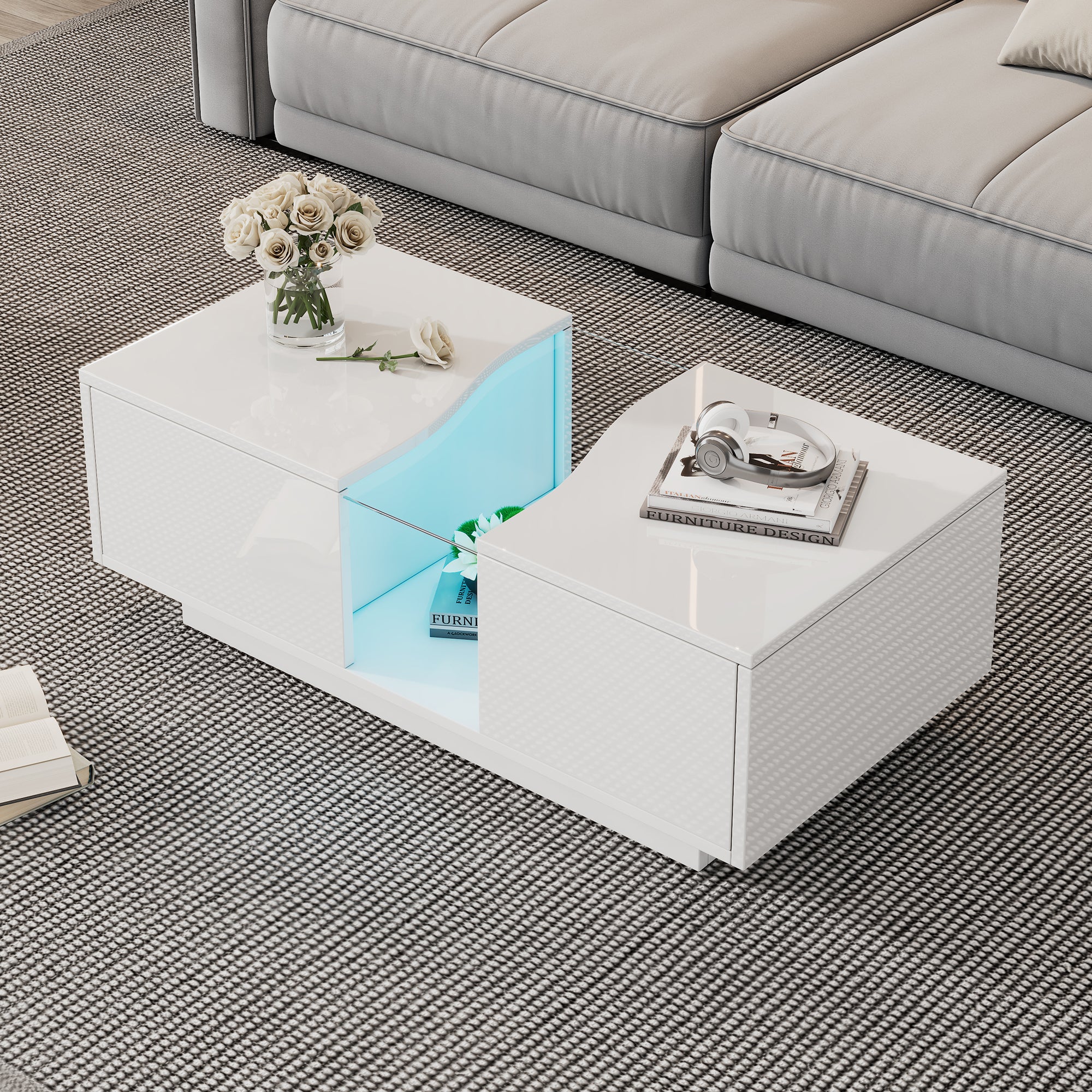 Led Coffee Table 2 Drawer Storage High Gloss 16-Color Lights White