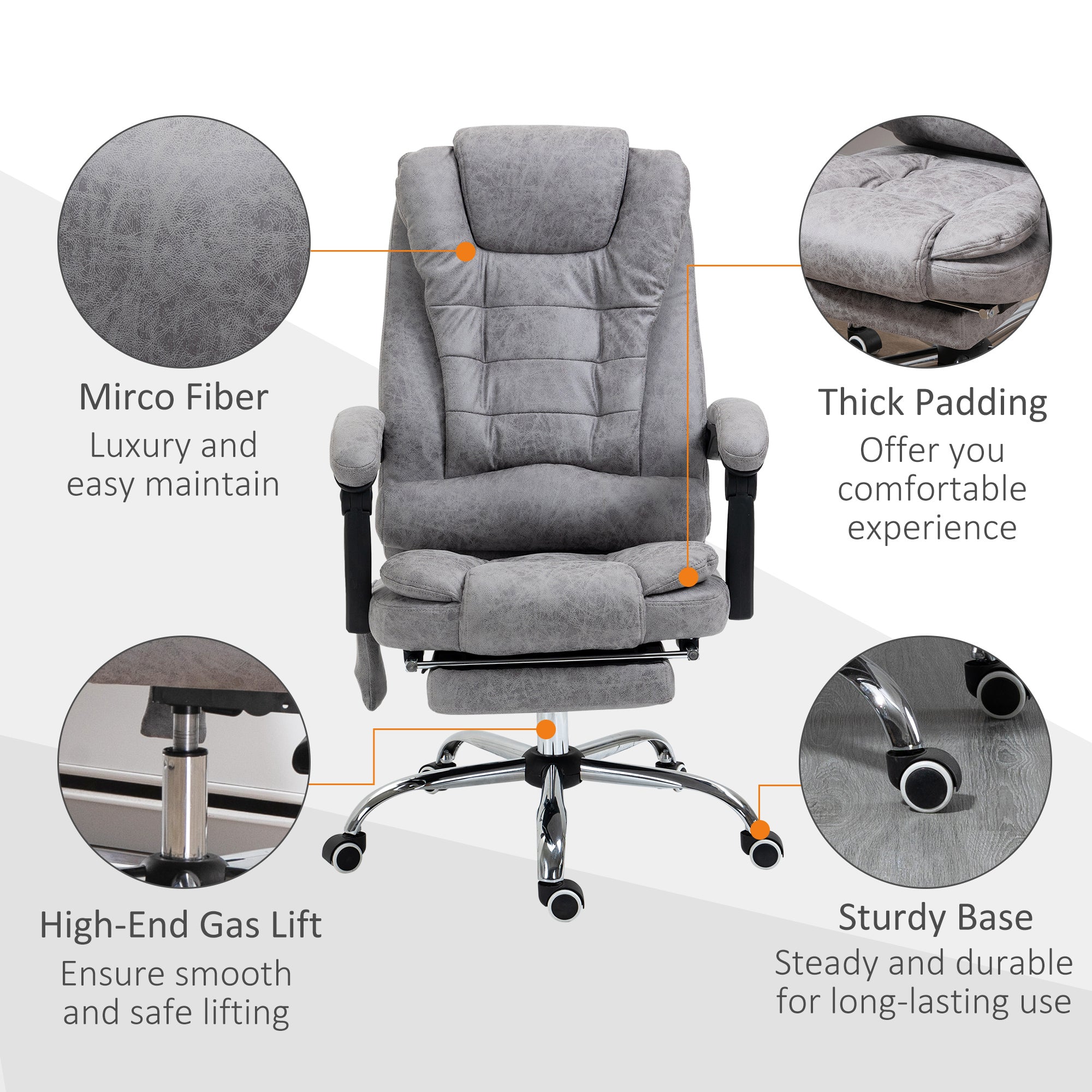 Executive Office Chair, Heated 6-Point Vibration Massage Swivel Recliner with Footrest, Grey