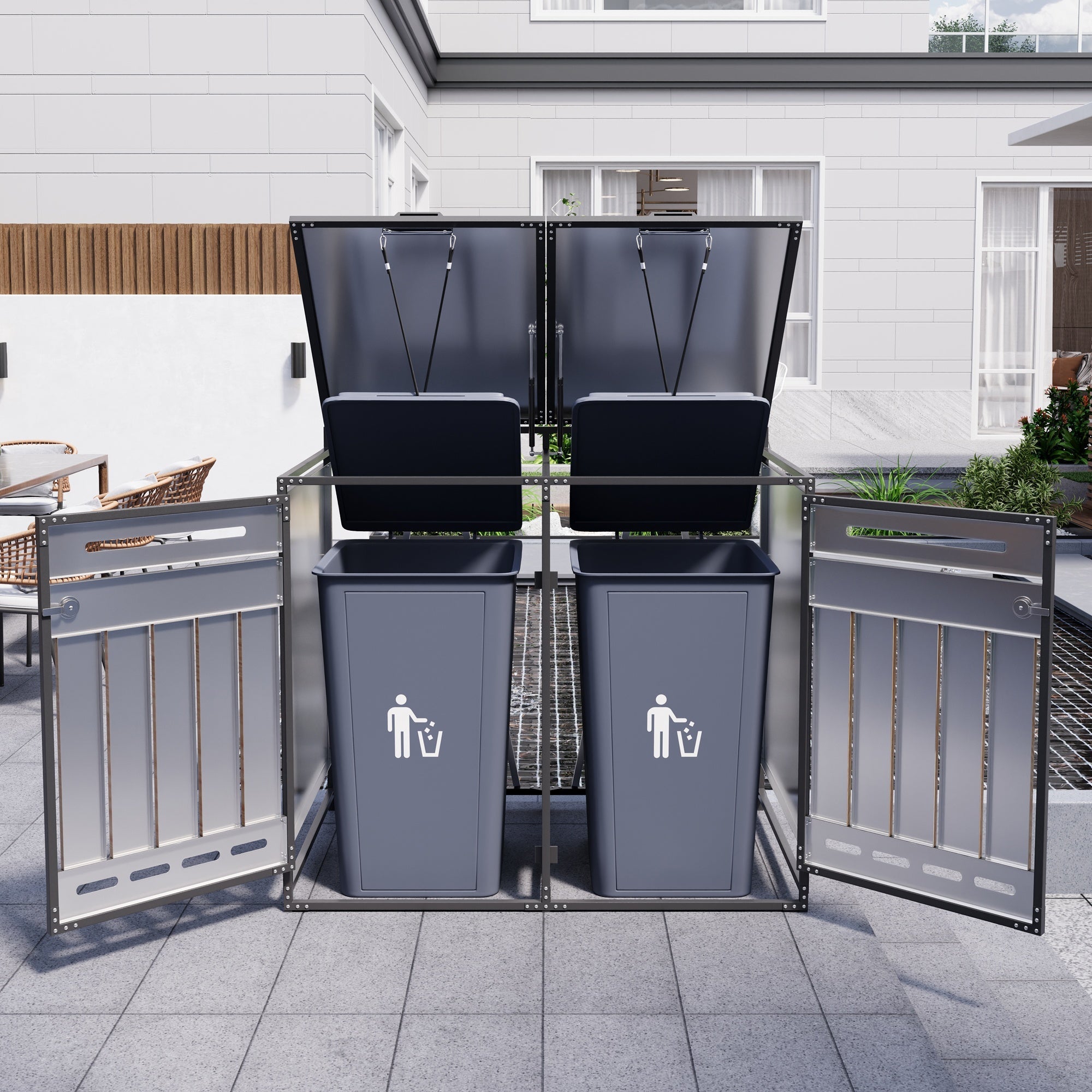 Bin Storage Unit with Hydraulic Lid, Slotted Ventilation and Lock, Iron Wood-Look Cladding