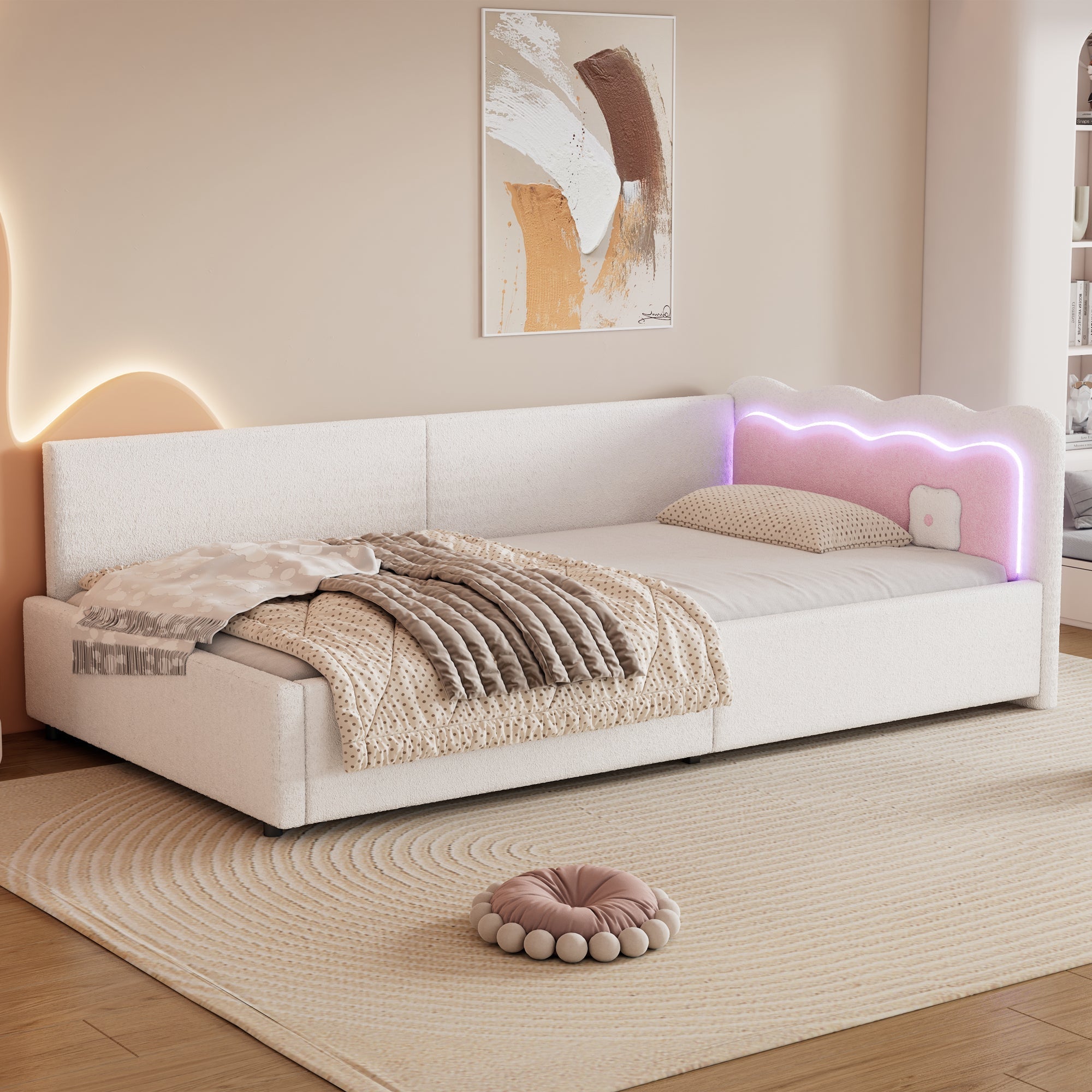 Daybed Sofa Bed 90x200cm LED Remote Control - White Imitation Fleece