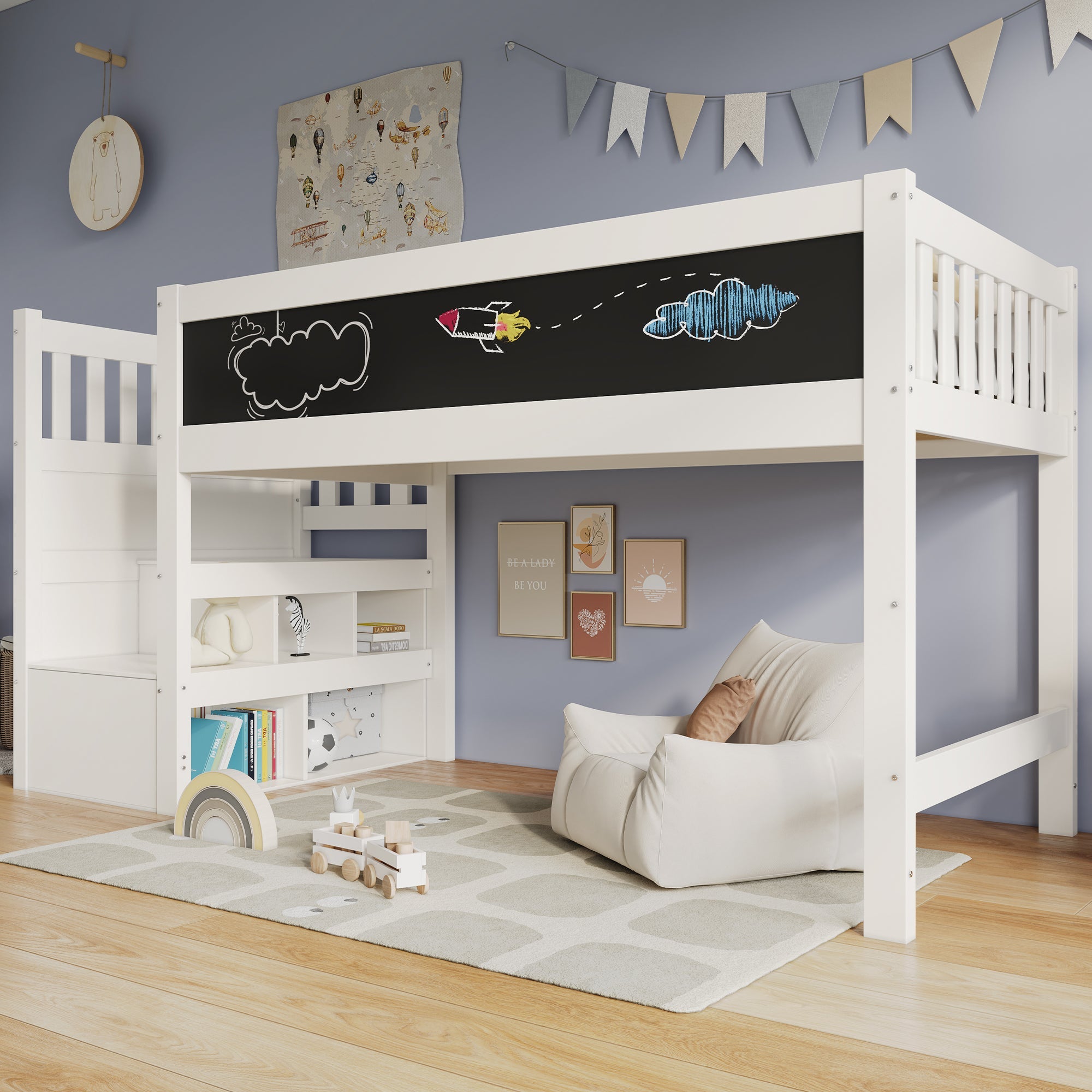Children's Loft Bed with Whiteboard & Blackboard, Storage, 90 x 200 cm, White