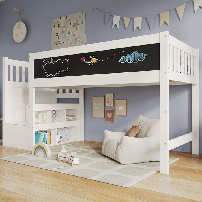 Children's Loft Bed with Whiteboard & Blackboard, Storage, 90 x 200 cm, White