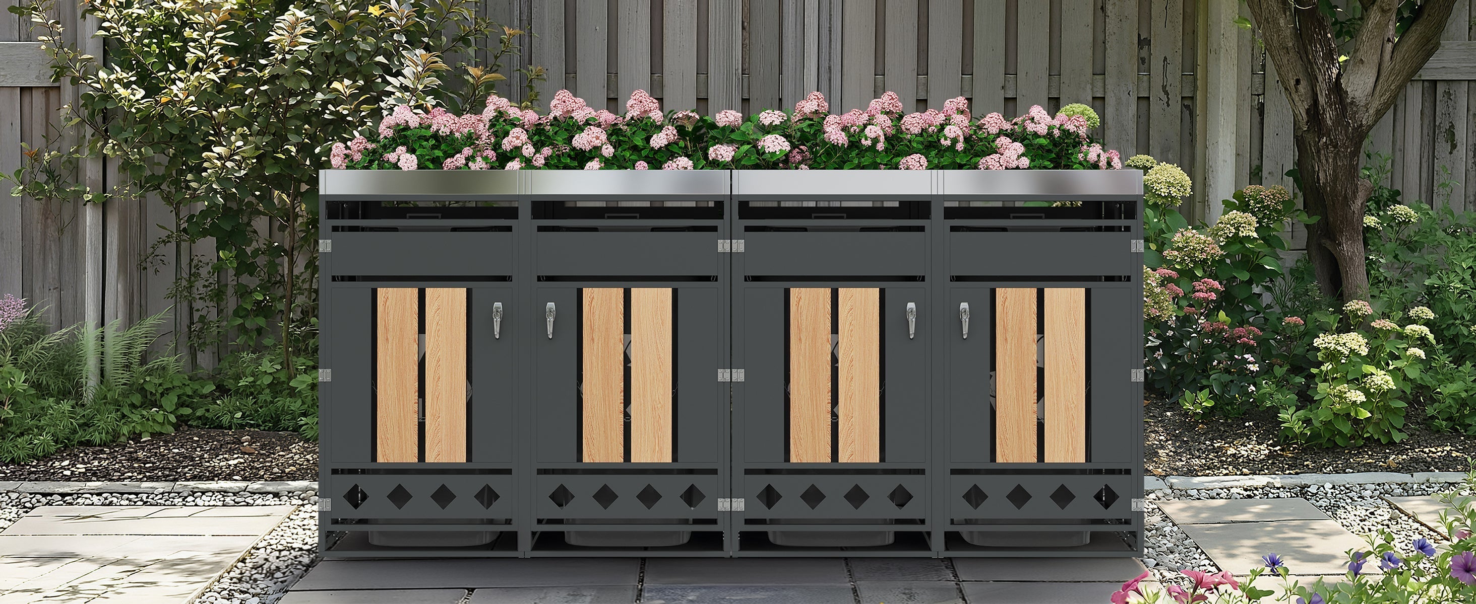 Garbage Can Enclosure with Four Doors, Diamond-Shaped Ventilation and Planting Area, Wood Grain Finish