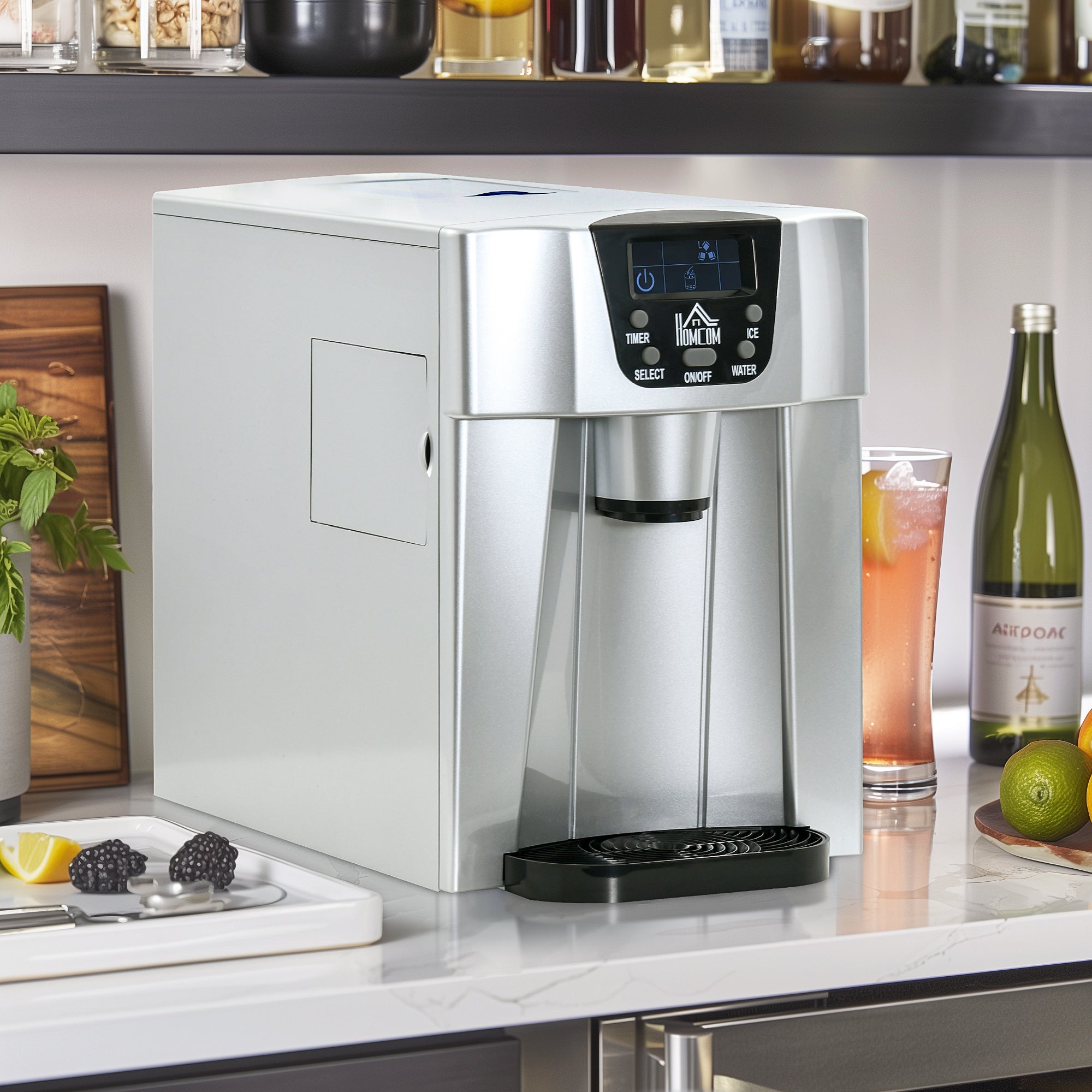 Ice cube machine, 9 ice cubes in 6-10 minutes, 12 kg/24 h, 2 L water tank, self-cleaning function, LCD display, silver