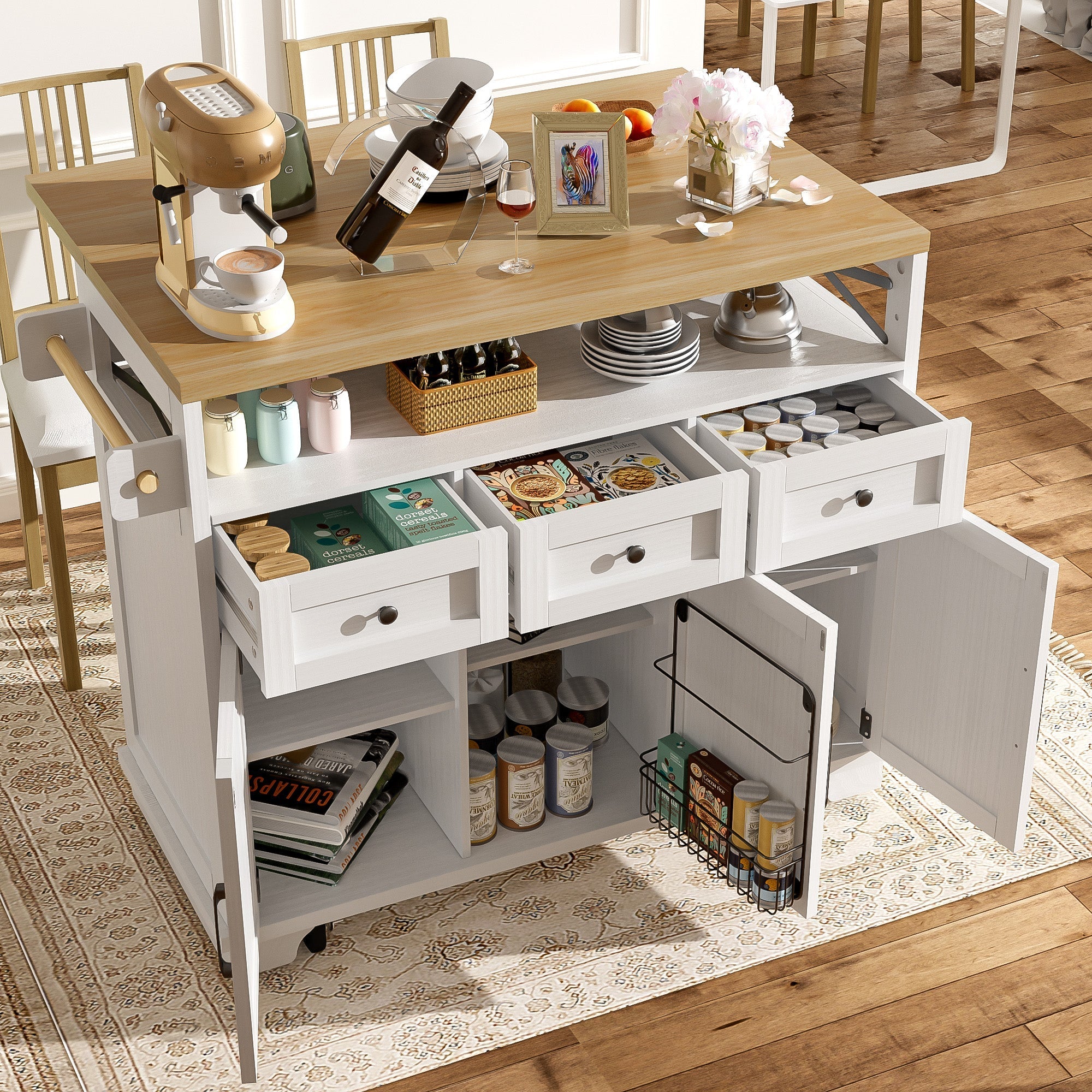 Modern Kitchen Island 118x43x98cm Mobile Storage Towel Rail - White