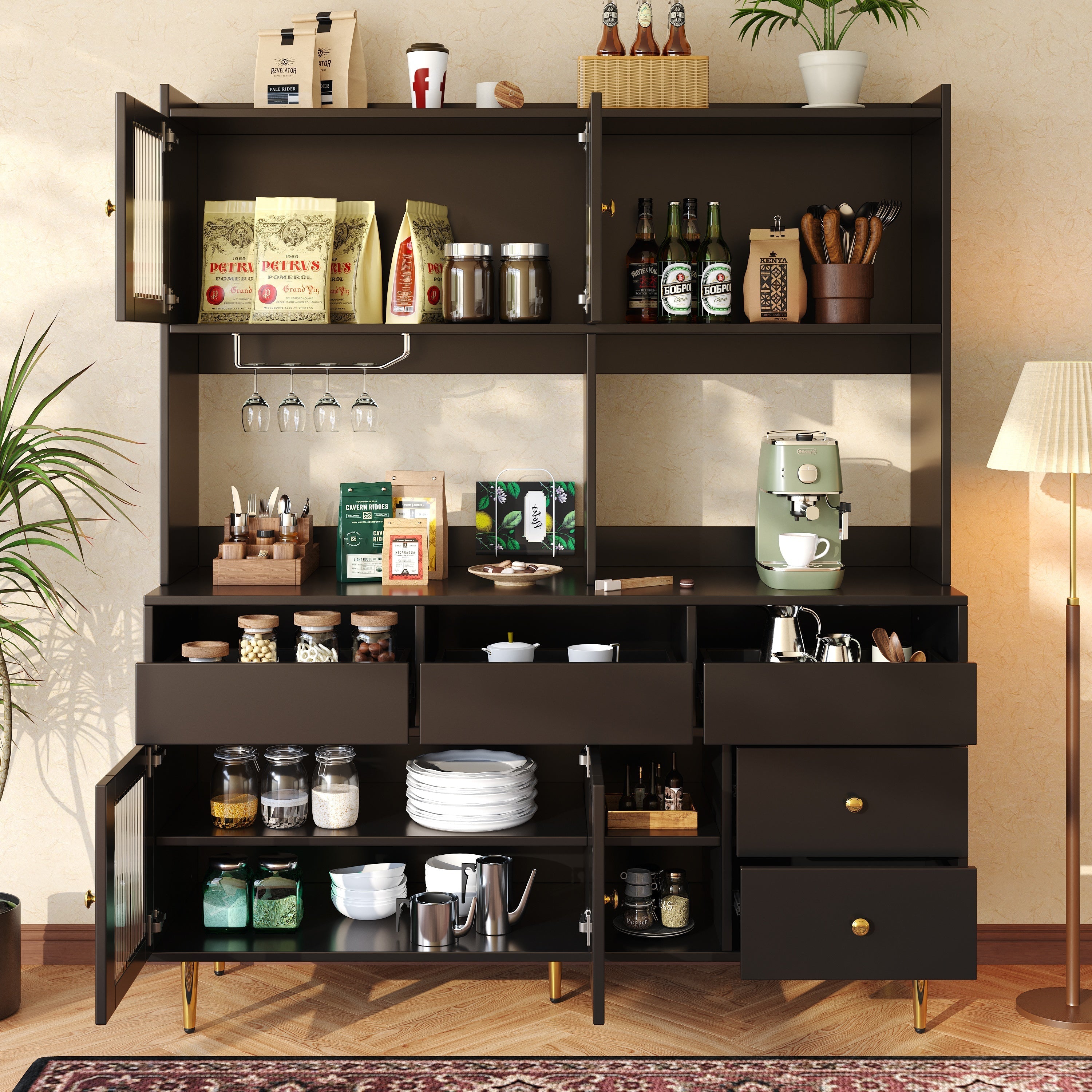 Dining Room Tall Cabinet, Changhong Glass Doors, Wine Glass Rack, Multi-Layer Storage, Black with Gold Decor