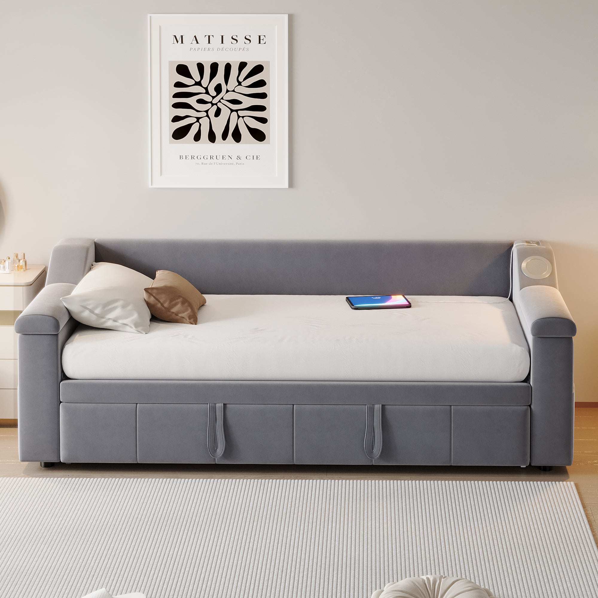 Upholstered Sofa Bed, 90/180*190cm Bluetooth Stereo USB Storage, Grey Velvet