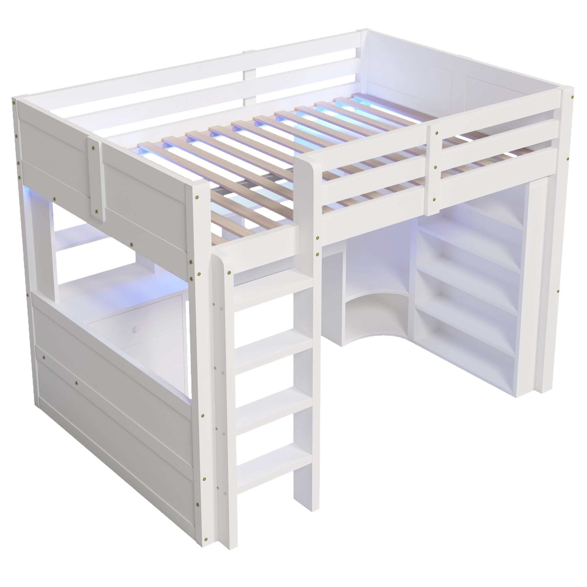 Loft Bed 140x200cm LED Lights Wardrobe Desk Drawers Storage - White