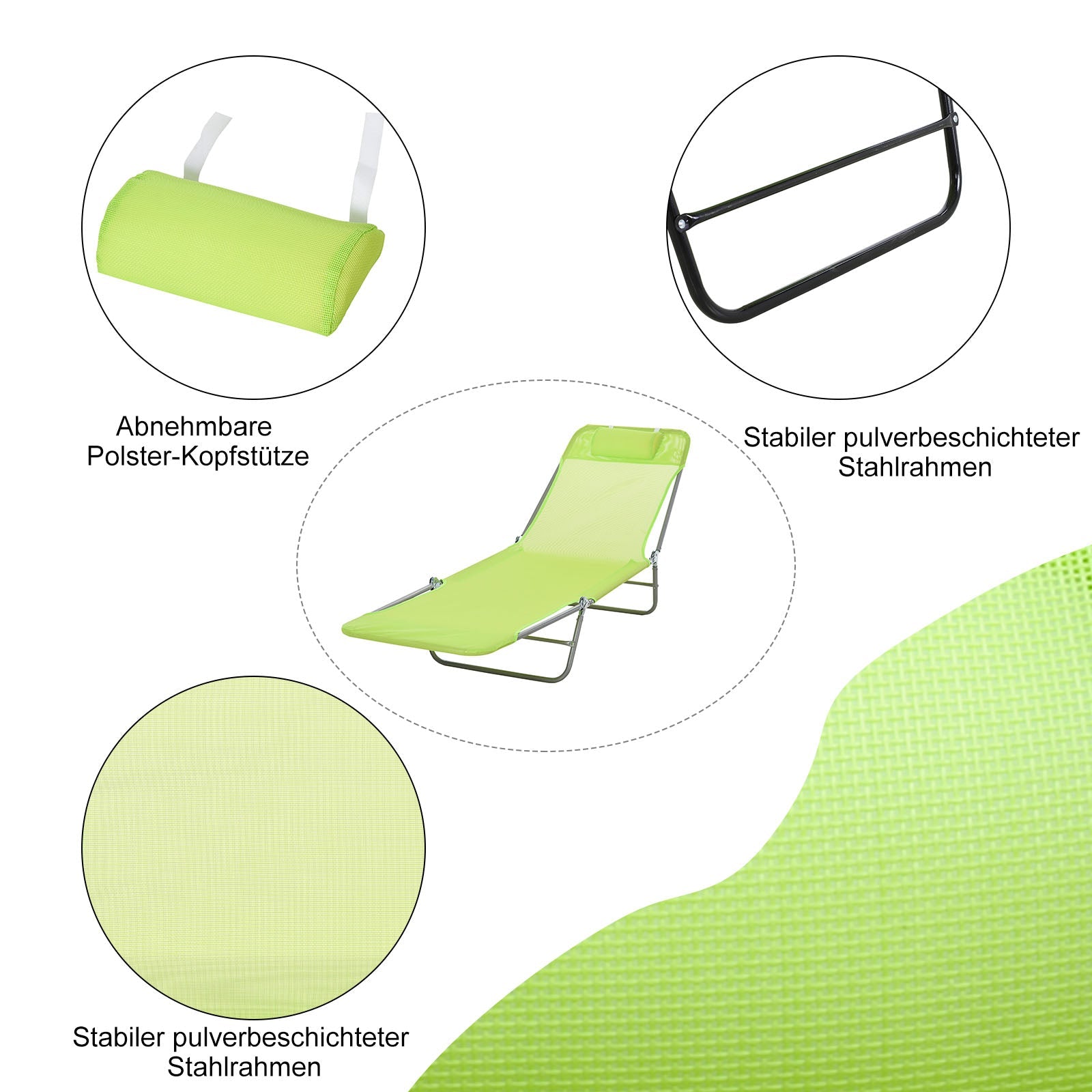 Sun Lounger, Foldable Two-legged for Garden & Balcony, 4 Colours
