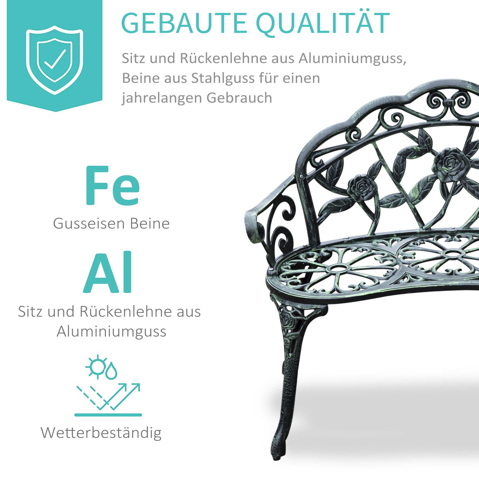 Garden Bench 2-Seater, 100cm Seat, Park/Patio Furniture, Metal