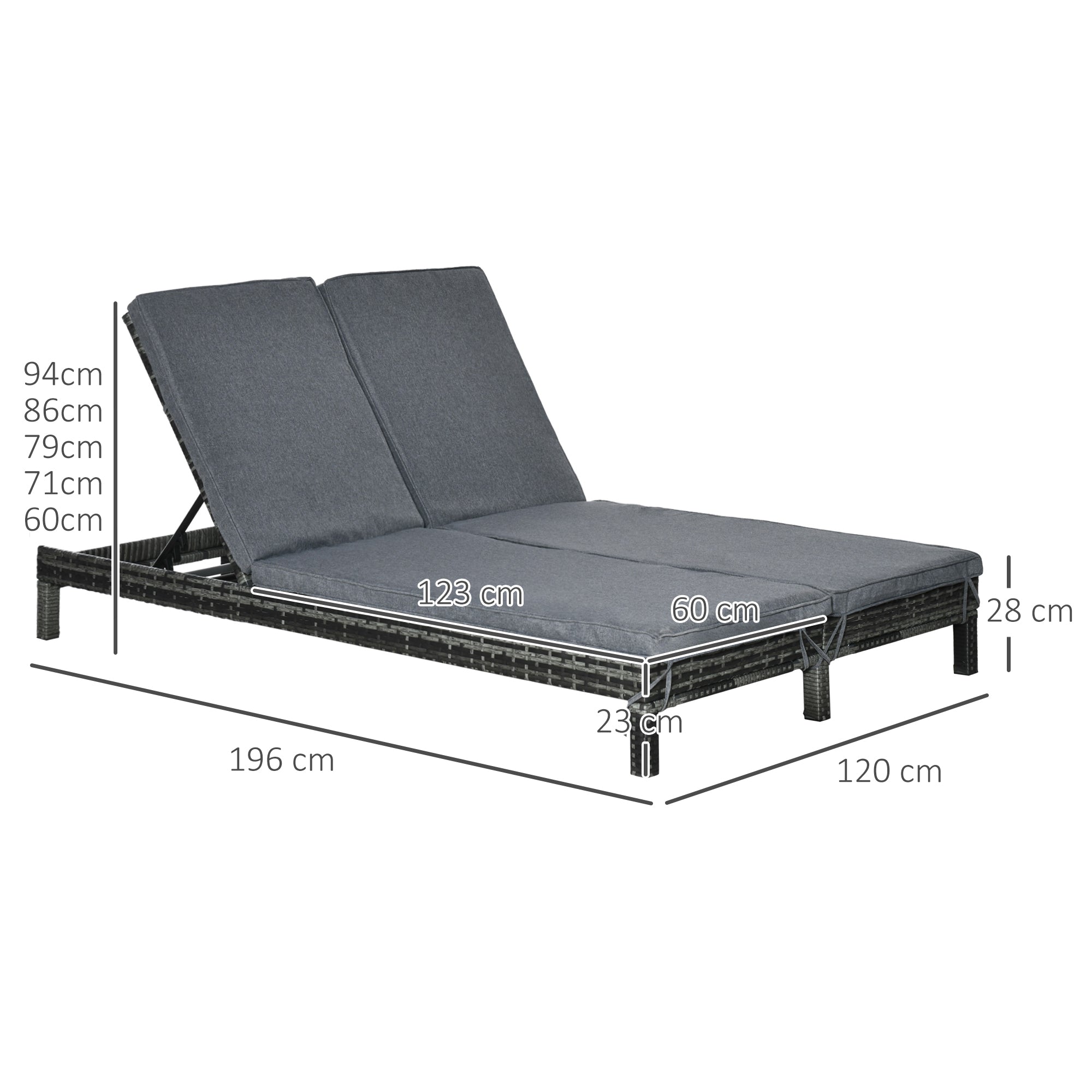 Polyrattan Sun Lounger 2-Person Relax Lounger 5-Position Backrest, Metal & PE Rattan