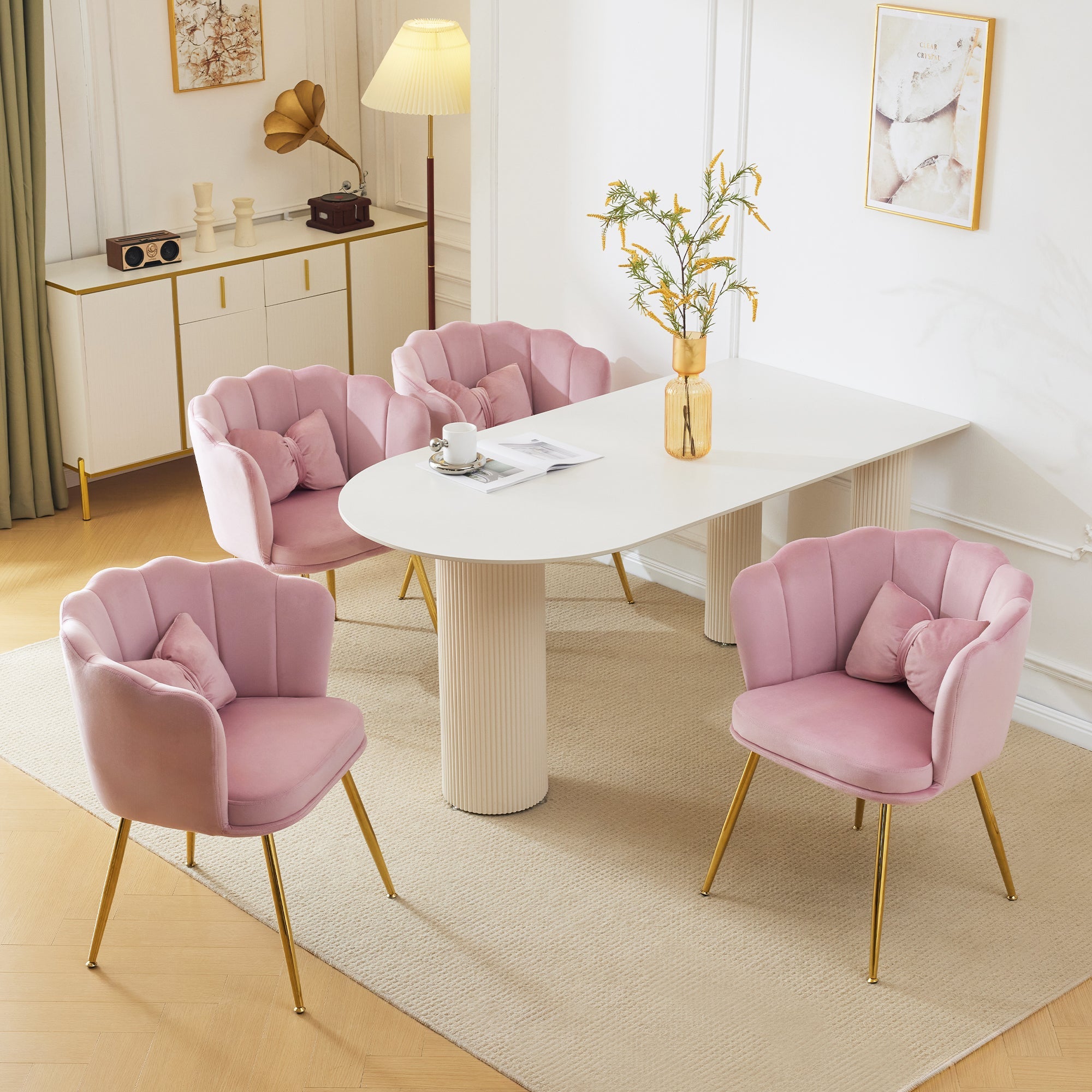 Velvet Chairs, Set of 4 Modern Upholstered with Petal Back & Butterfly Cushion, Gold Metal Legs