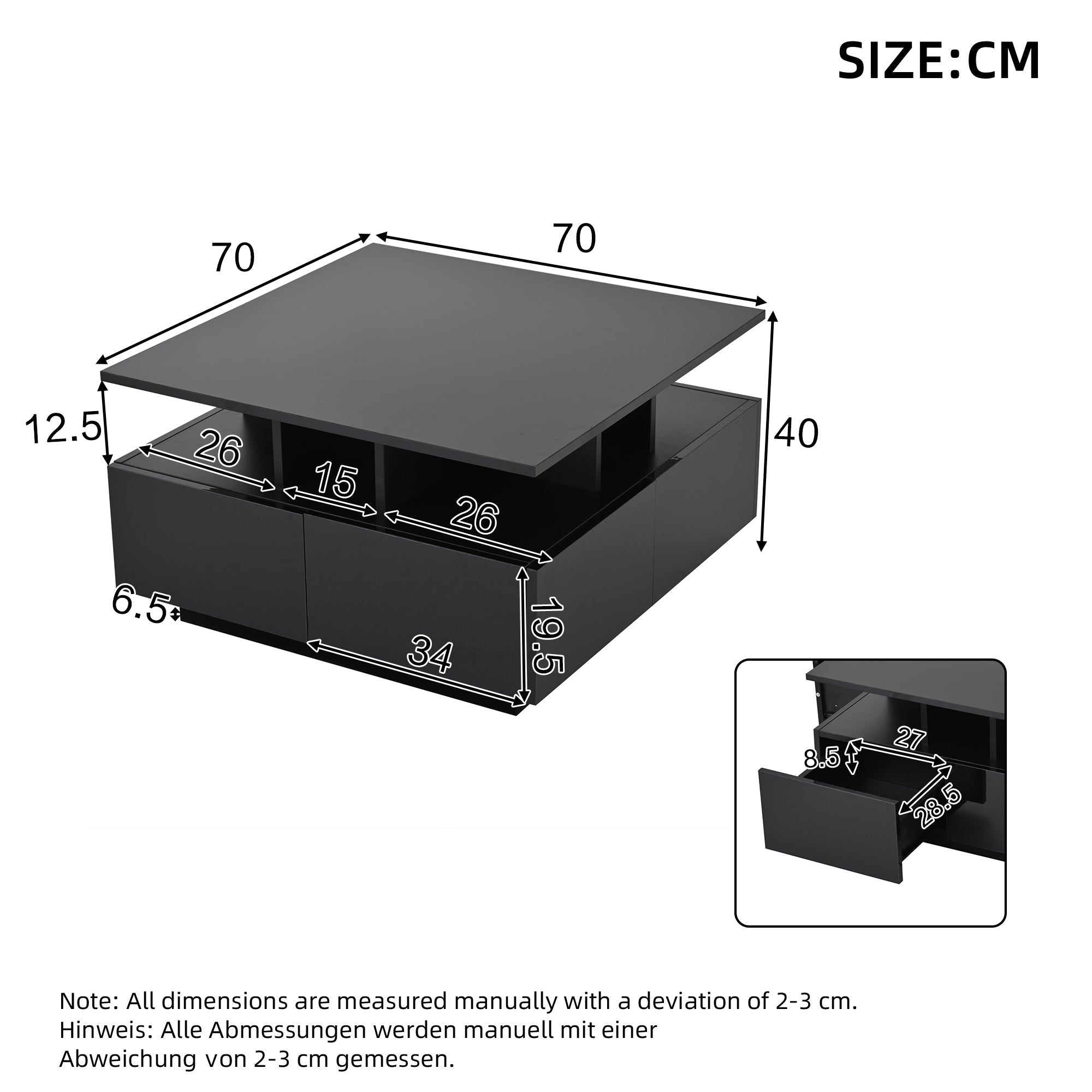 Coffee Table, High-Gloss LED with 4 Drawers, Geometric Design, Black