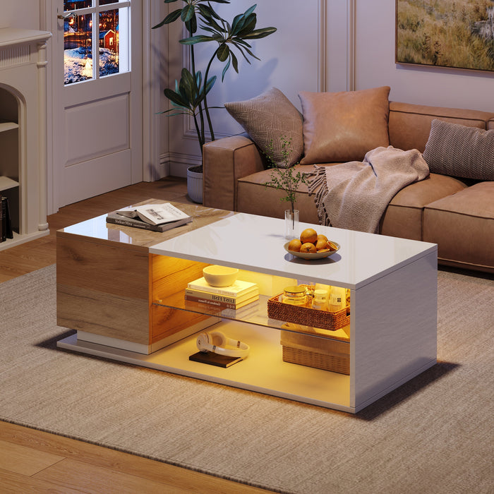 LED Coffee Table High-Gloss with Storage and Lighting 105x50x36cm