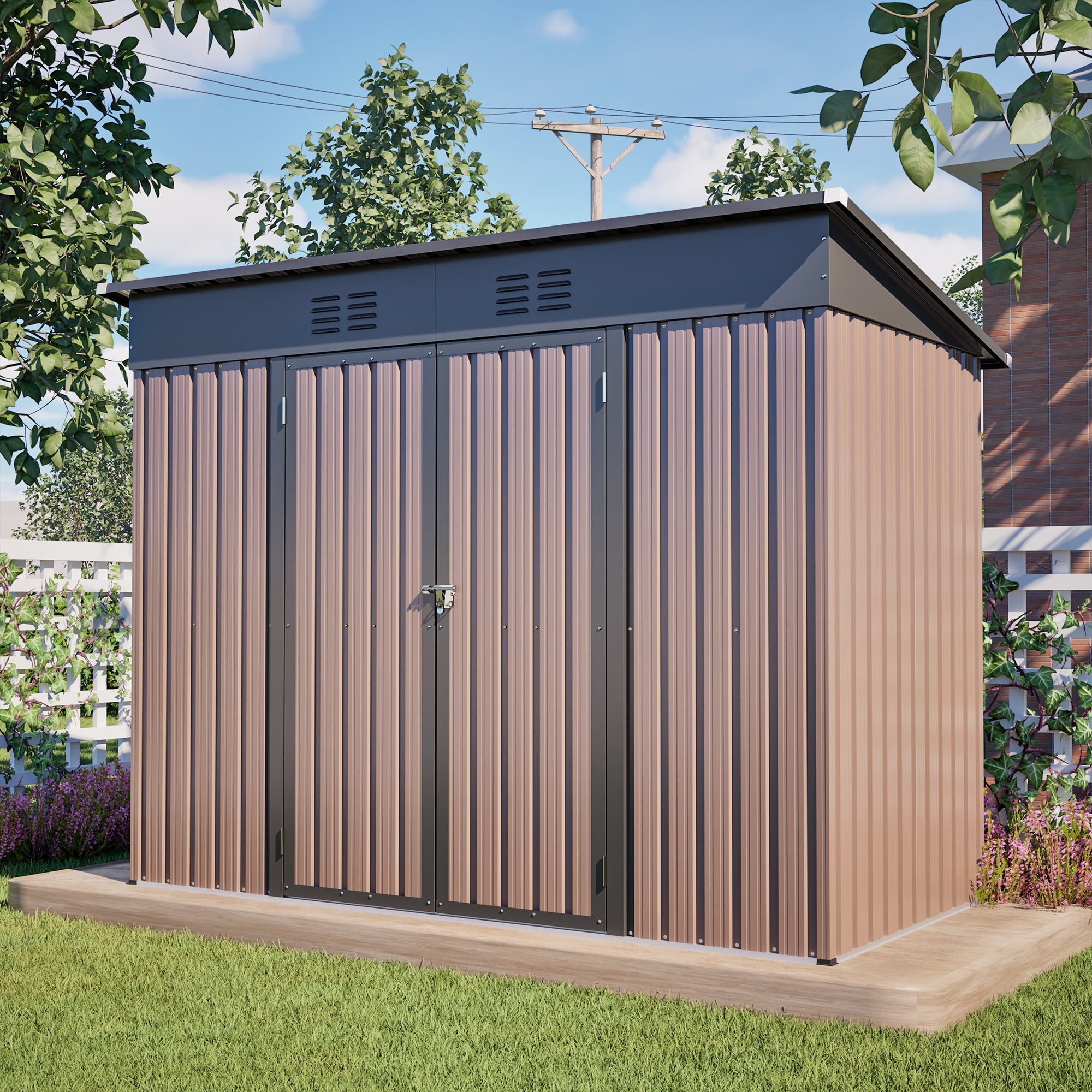 Rathwood 8x4 FT Metal Garden Shed with Foundation and Weatherproof Design, Brown Metal