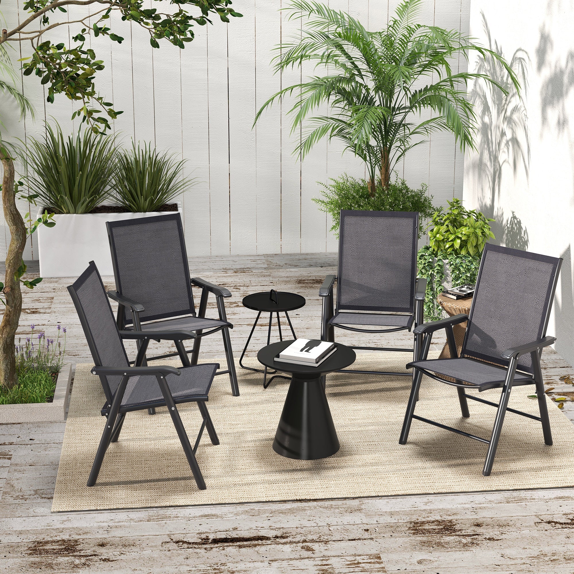 Set of Four Folding Garden Chairs, Portable and Space-Saving, Charcoal Grey