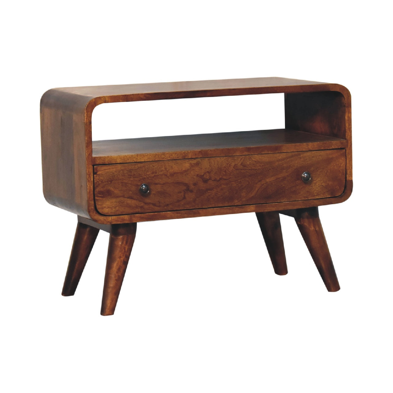 Solid Wood Mini Curved Media Unit, 1 Drawer, 1 Open Slot, Brown