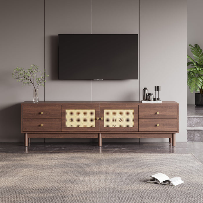 TV Cabinet, 180cm with Rattan Doors, 4 Drawers, Cable Management, Dark Wood