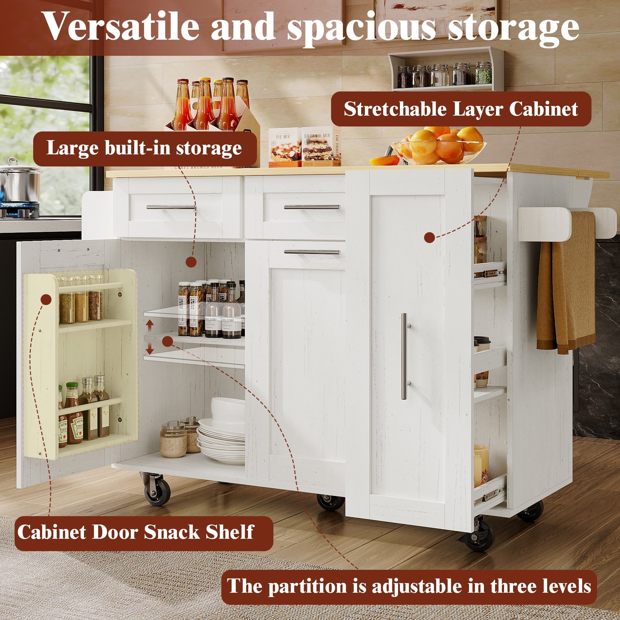Dining Cart Kitchen Island - Multifunctional Extendable Table Storage - White Wood Grain