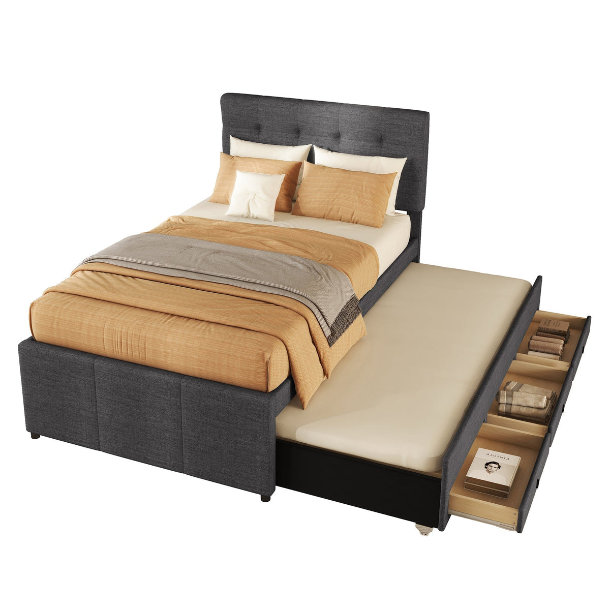 Upholstered Bed 90x200cm Pull-out Trundle 3 Drawers Adjustable Headboard - Grey
