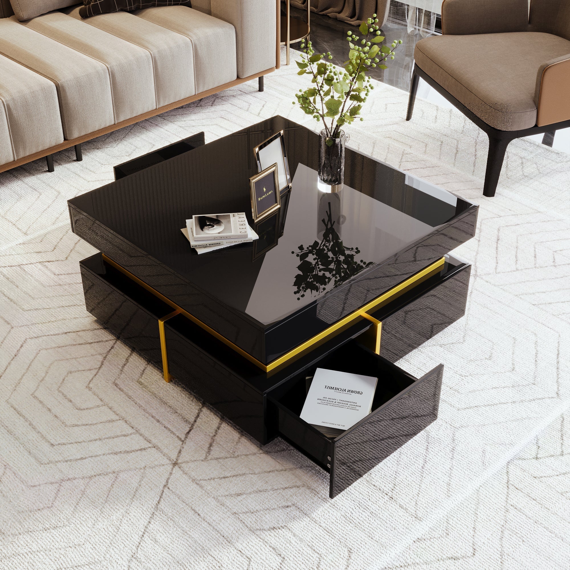 Coffee Table, High-Gloss, with Drawers, Gold Accents