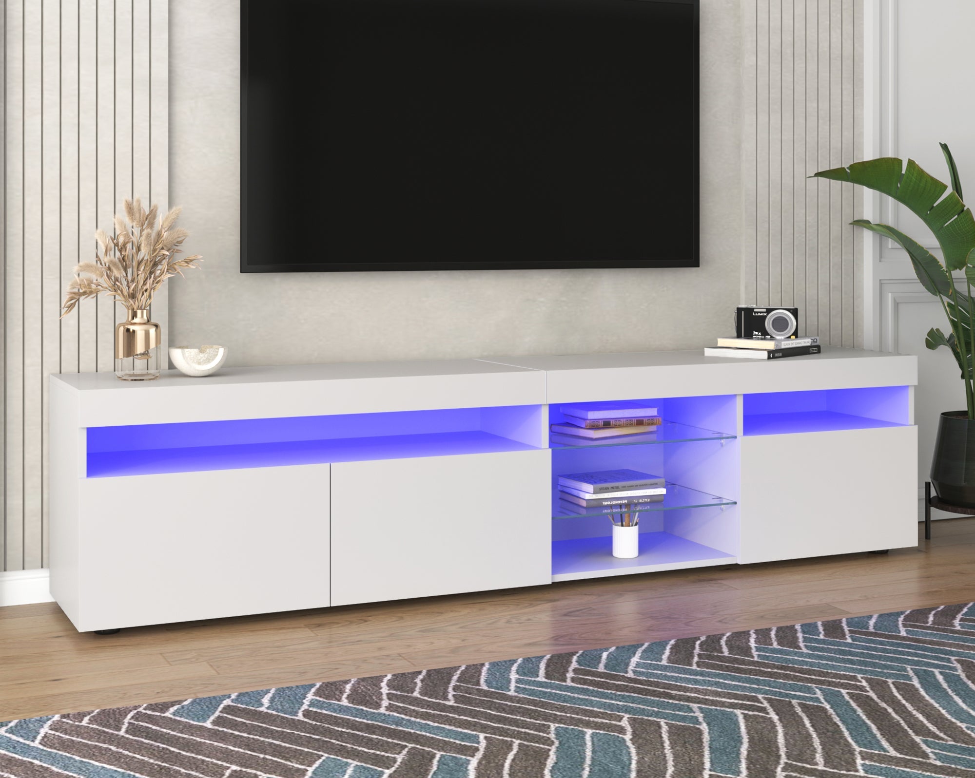 TV Cabinet, Modern with Bright Panel, Variable LED Lighting, 180cm, White