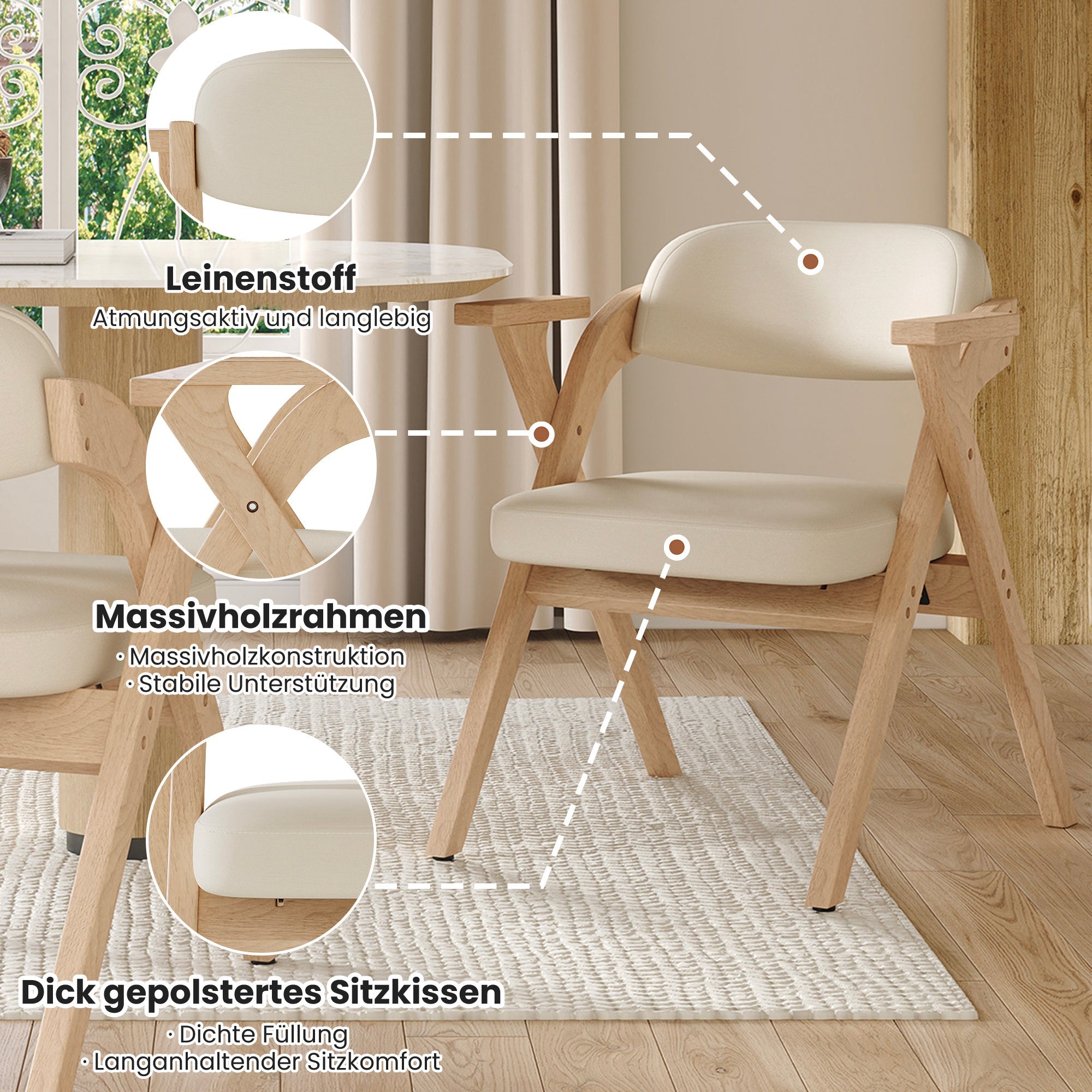 Folding Dining Chairs, Set of 4 Solid Wood Foldable and Breathable Chairs, Linen Beige