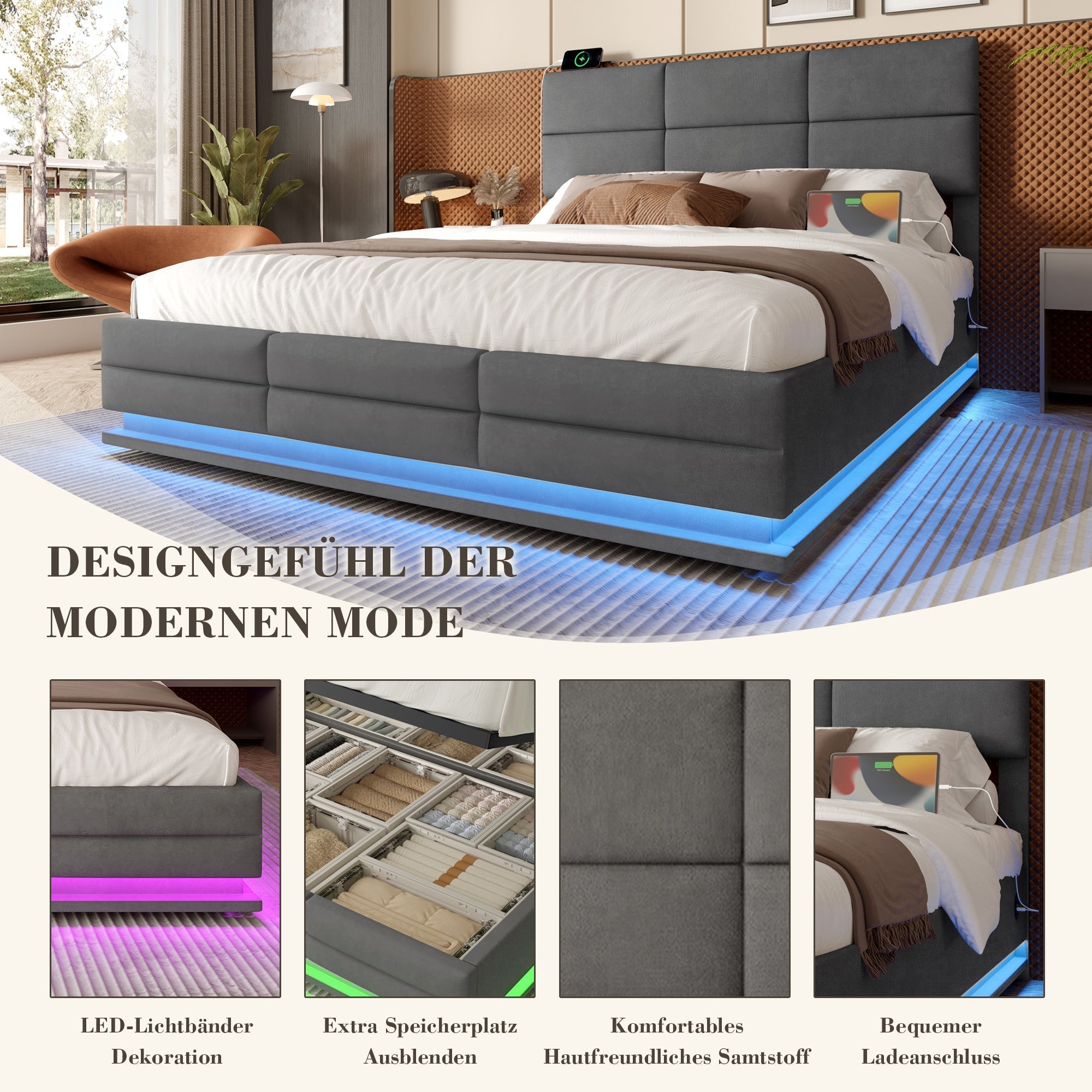 Upholstered Bed 160x200cm Hydraulic Storage Adjustable Headboard LED USB/Type-C - Velour Grey