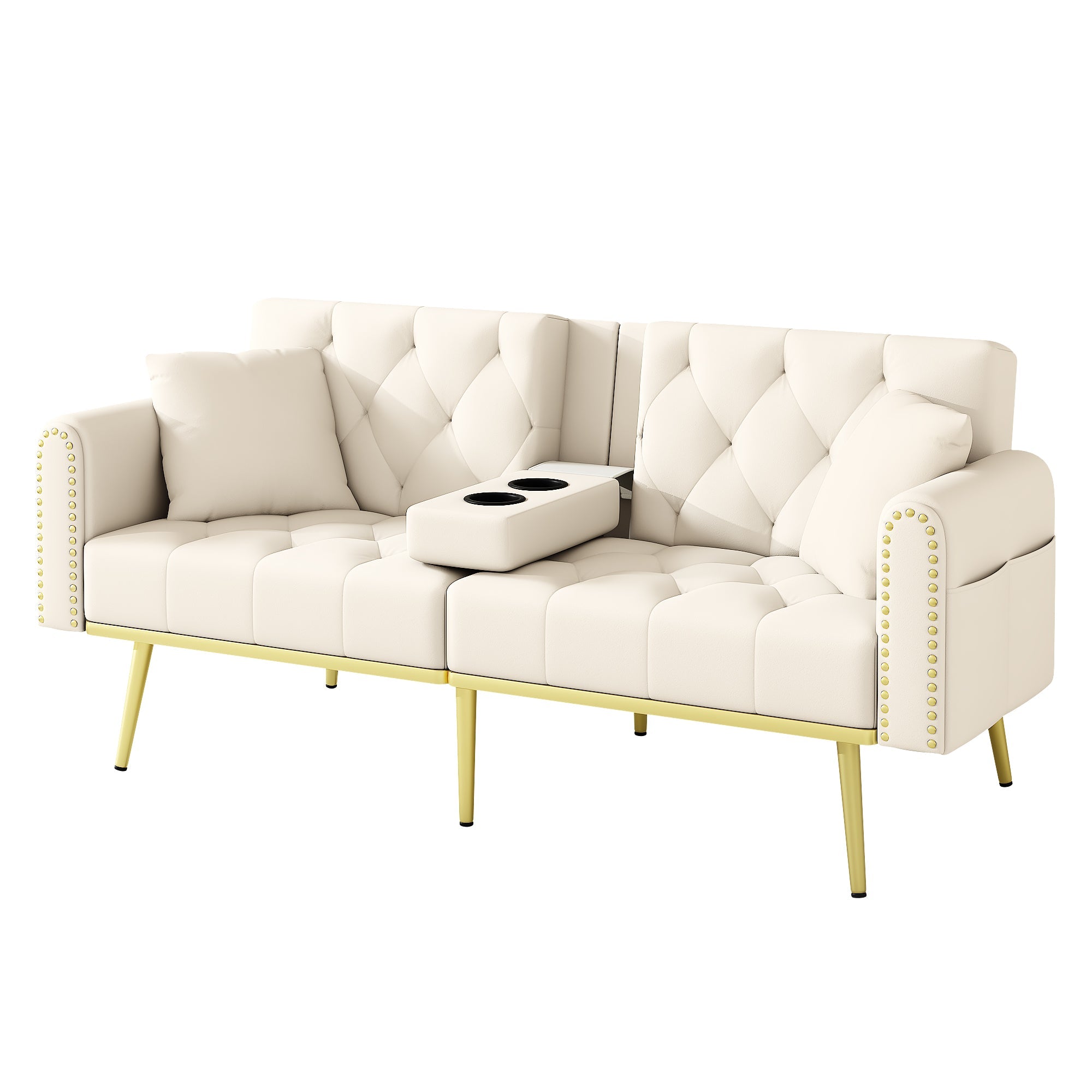 Sofa Bed Double Fold-Out Reclining Cup Holders - Fabric Beige