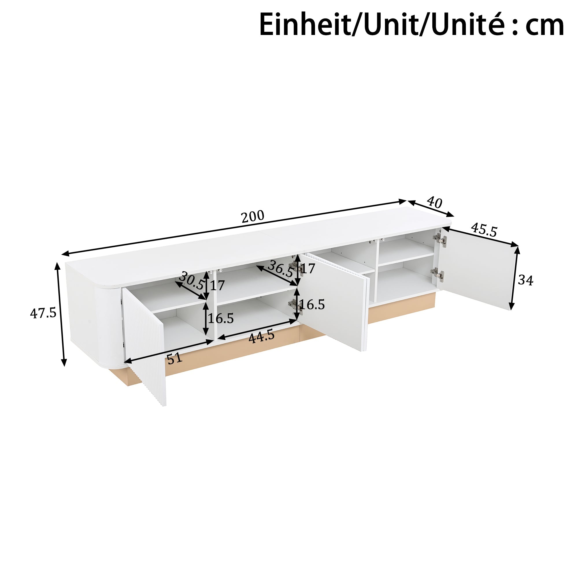 200 cm TV Lowboard, 4 Doors and Adjustable Shelves, MDF material