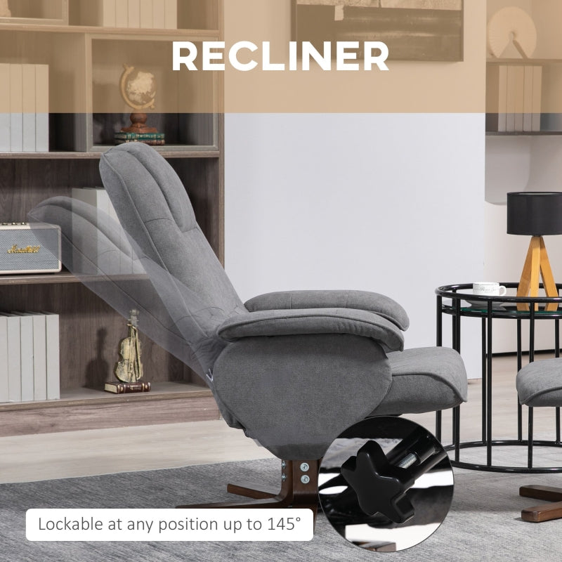 Linen Recliner Chair and Footstool, Swivel Reclining with Wooden Base, Grey