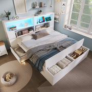 Wooden Double Bed 140x200cm Storage Drawers LED Lights USB White