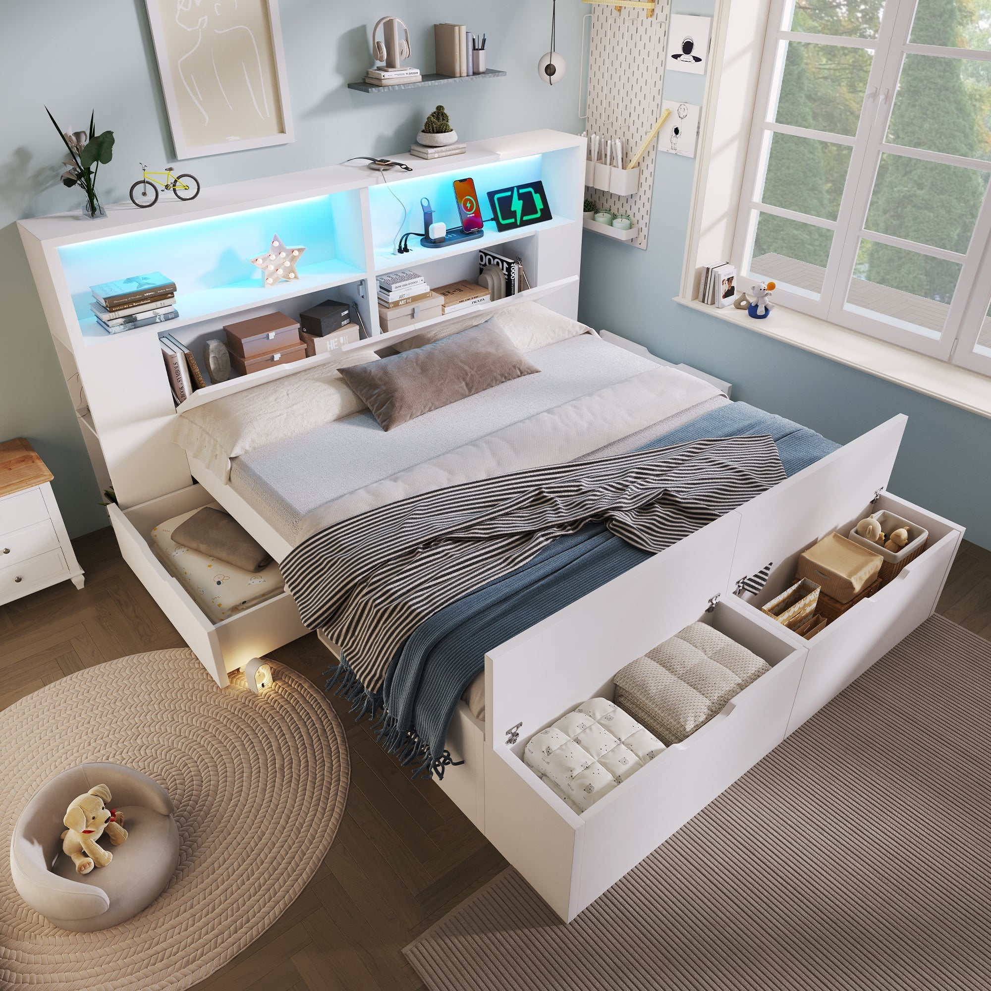 Wooden Double Bed 140x200cm Storage Drawers LED Lights USB White