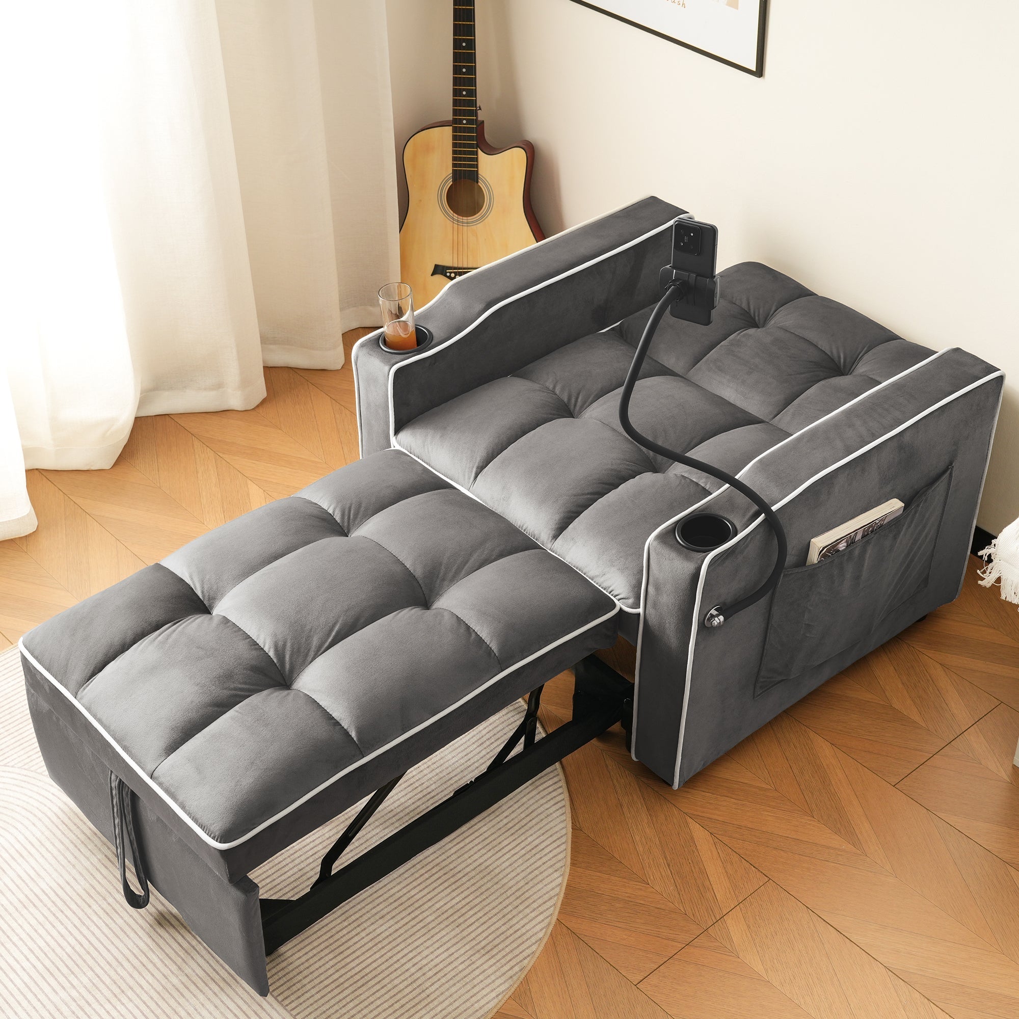 3-in-1 Expandable Single Sofa Bed with Drink Holders, Phone Holder, Sofa Recliner, Sleeper Chair, Armchair, for Small Spaces, Velvet Feel Fabric