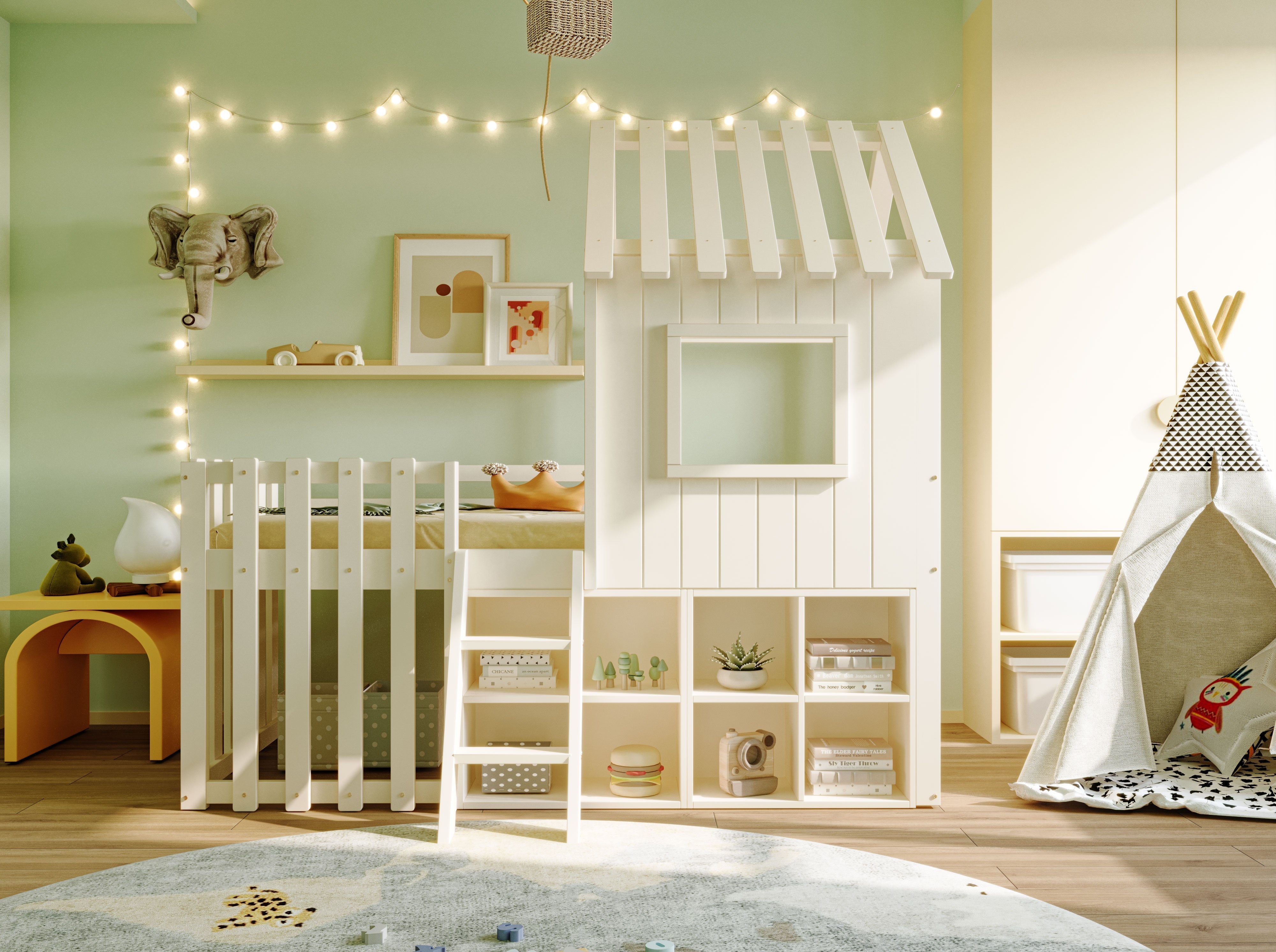 Children's House Bed 90x200, Roof & Window, Ladder, Solid Wood White