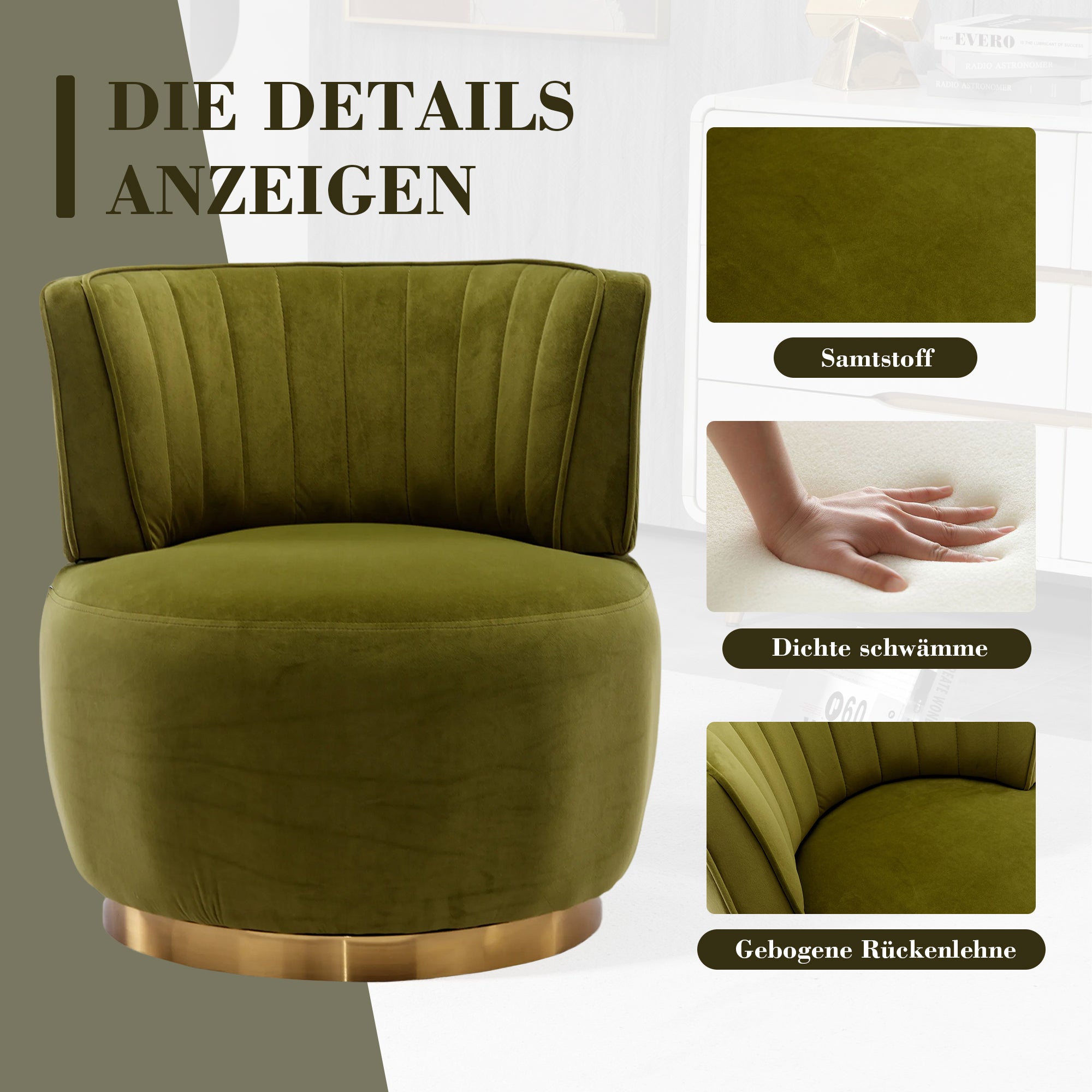 Swivel Shell Chair 360° Velvet - Olive Green