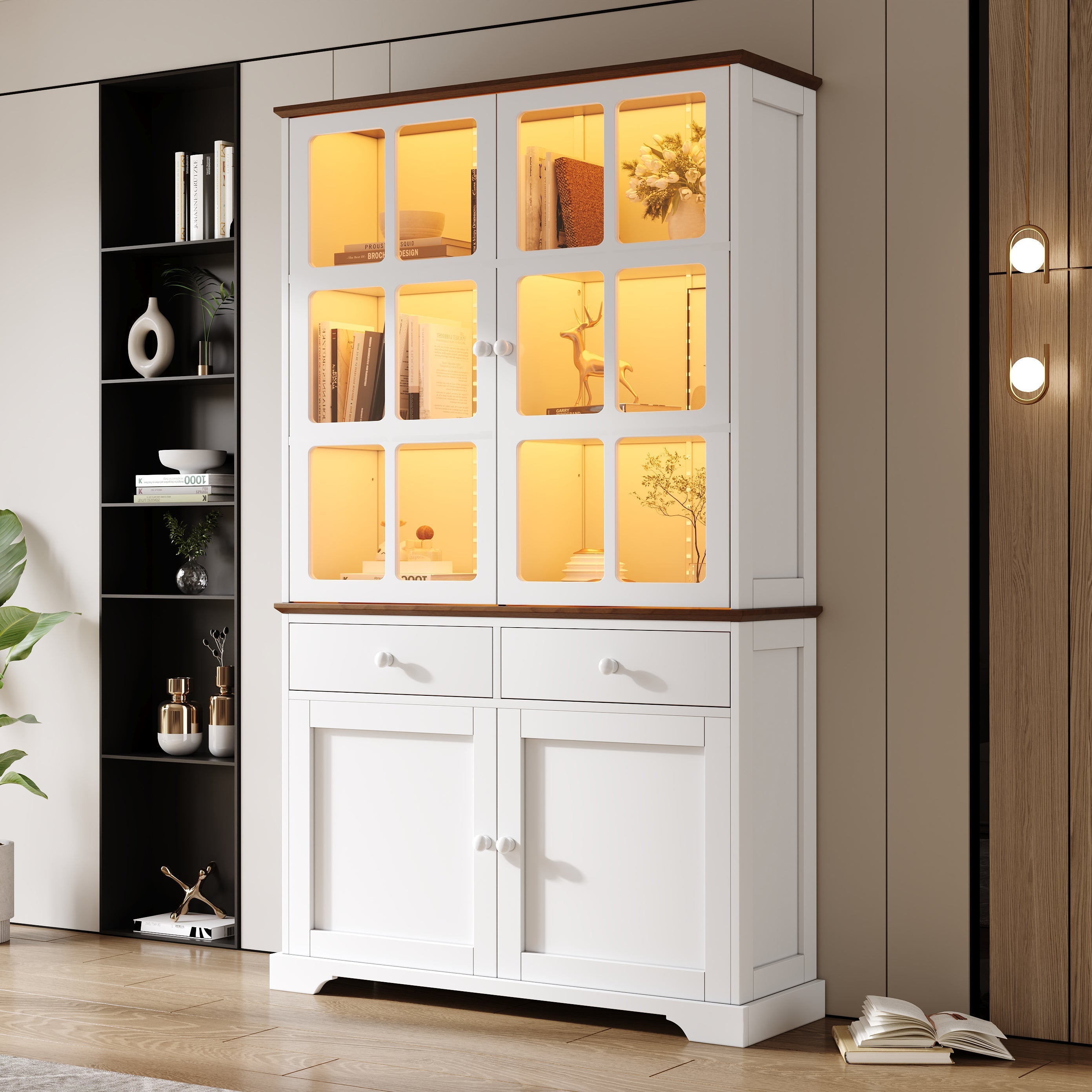 Tall Display Cabinet Glass Doors 2 Drawers LED Lighting White